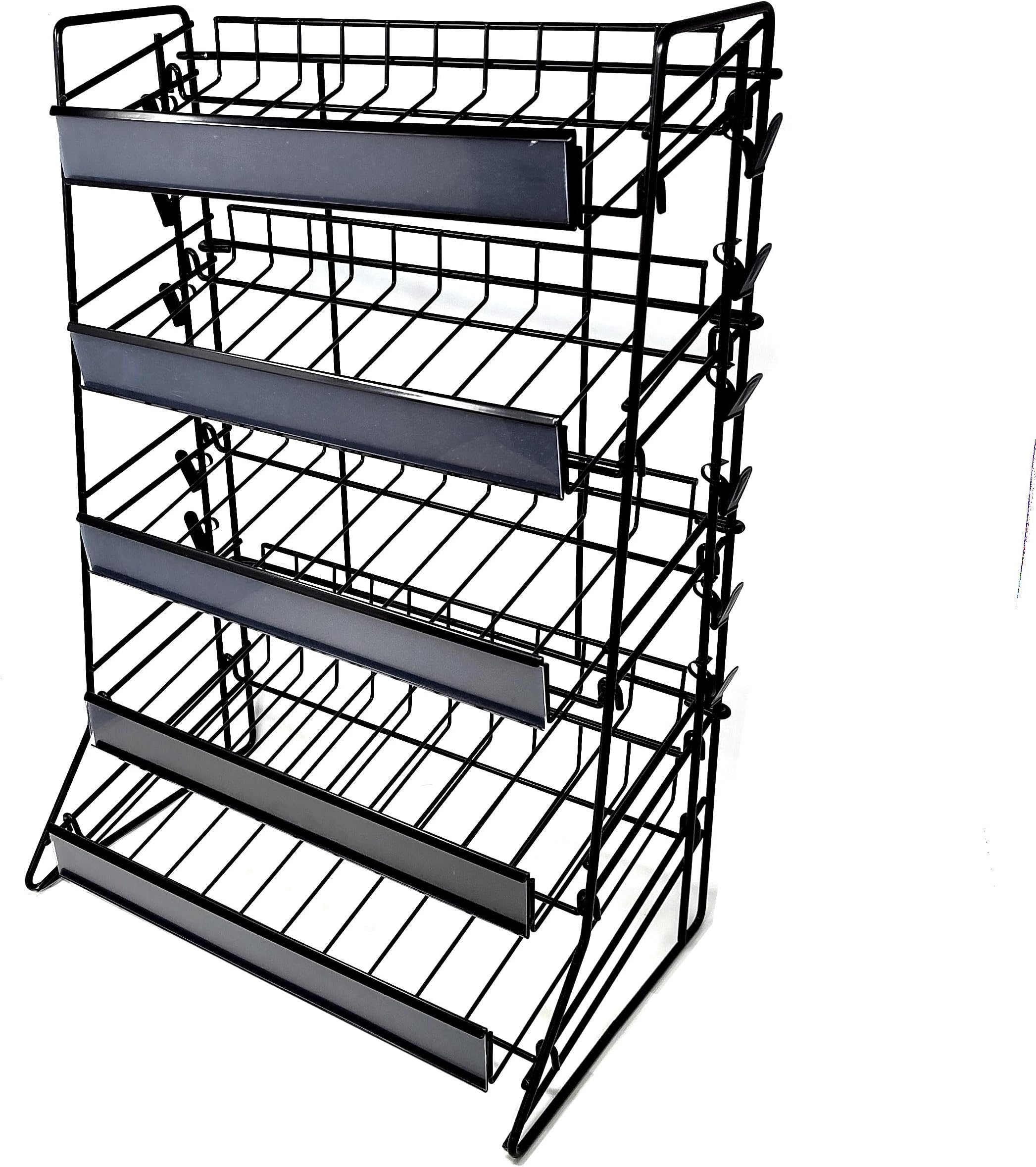 STORE FIXTURES DIRECT Countertop Candy Display Rack, Black Snack & Chip Stand with 5 Angled Shelves & 12 Potato Chip Clips (Black, 2 Pack)
