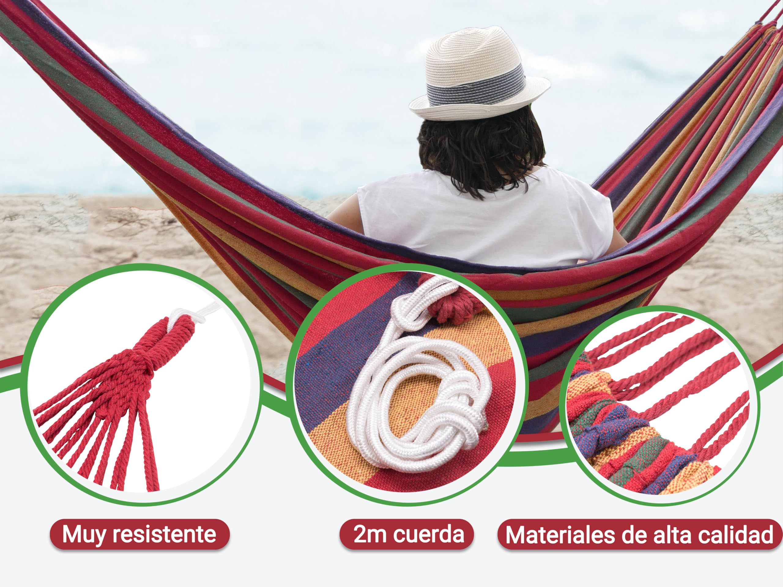 ZOLLNER Hamaca 210 x 150 cm - para una Persona - de Tejido Mixto - con práctica Bolsa de Transporte - Bonito diseño a Rayas - Alta Resistencia - en Color Rojo