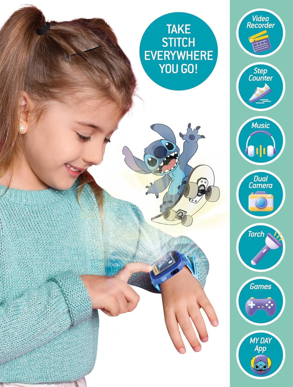 Lisciani - Stitch Smartwatch - Connected Watch for Children from 7 Years - Interchangeable Stitch Backgrounds - 5 Interactive Games - Touchscreen - Camera, Alarm Clock, Timer & Lamp Functions