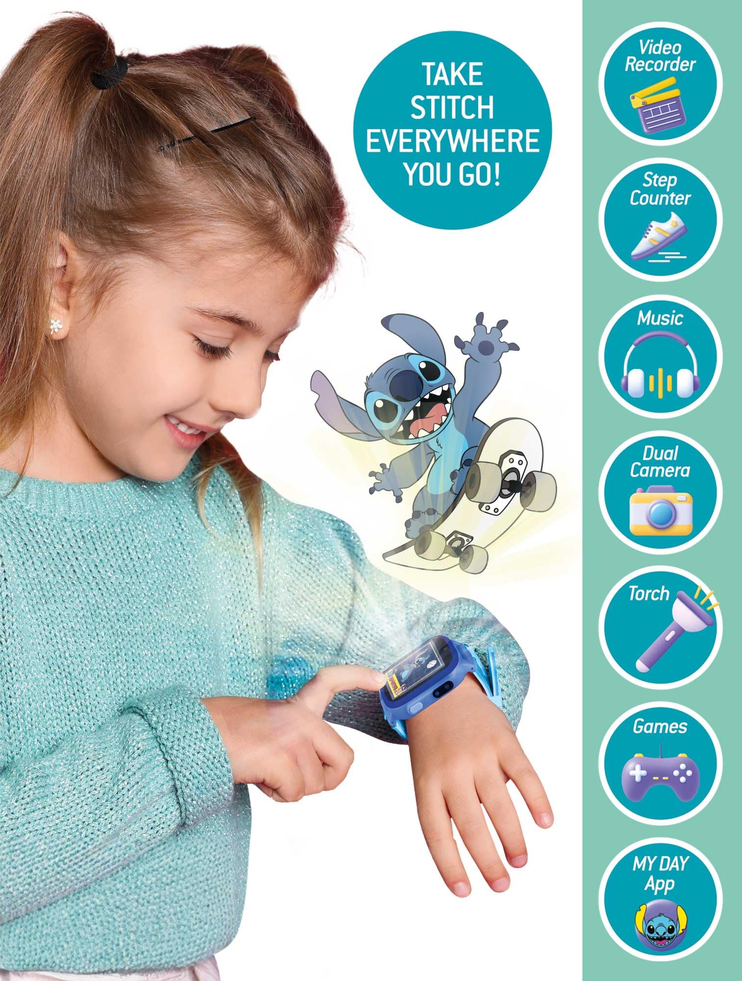 Lisciani - STITCH SMARTWATCH - Reloj Conectado Para Niños 7+ - Fondos De Puntadas Intercambiables -5 Juegos Interactivos - Pantalla Táctil - Cámara, Despertador, Temporizador Y Funciones De Lámpara