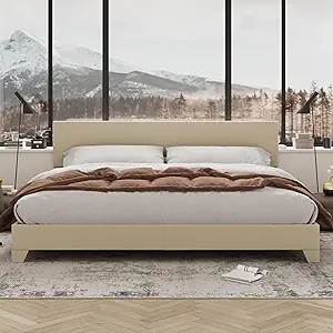 Allewie King Size Bed Frame with Adjustable Headboard, Upholstered Platform Bed with Wood Slats, Heavy Duty Mattress Foundation, No Box Spring Needed, Noise-Free, Easy Assembly, Beige
