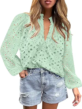 BETTE BOUTIK Women's Long Short Sleeve Tops 2025 Dressy Casual Button Hollow Out Lace Embroidered Blouses Shirts
