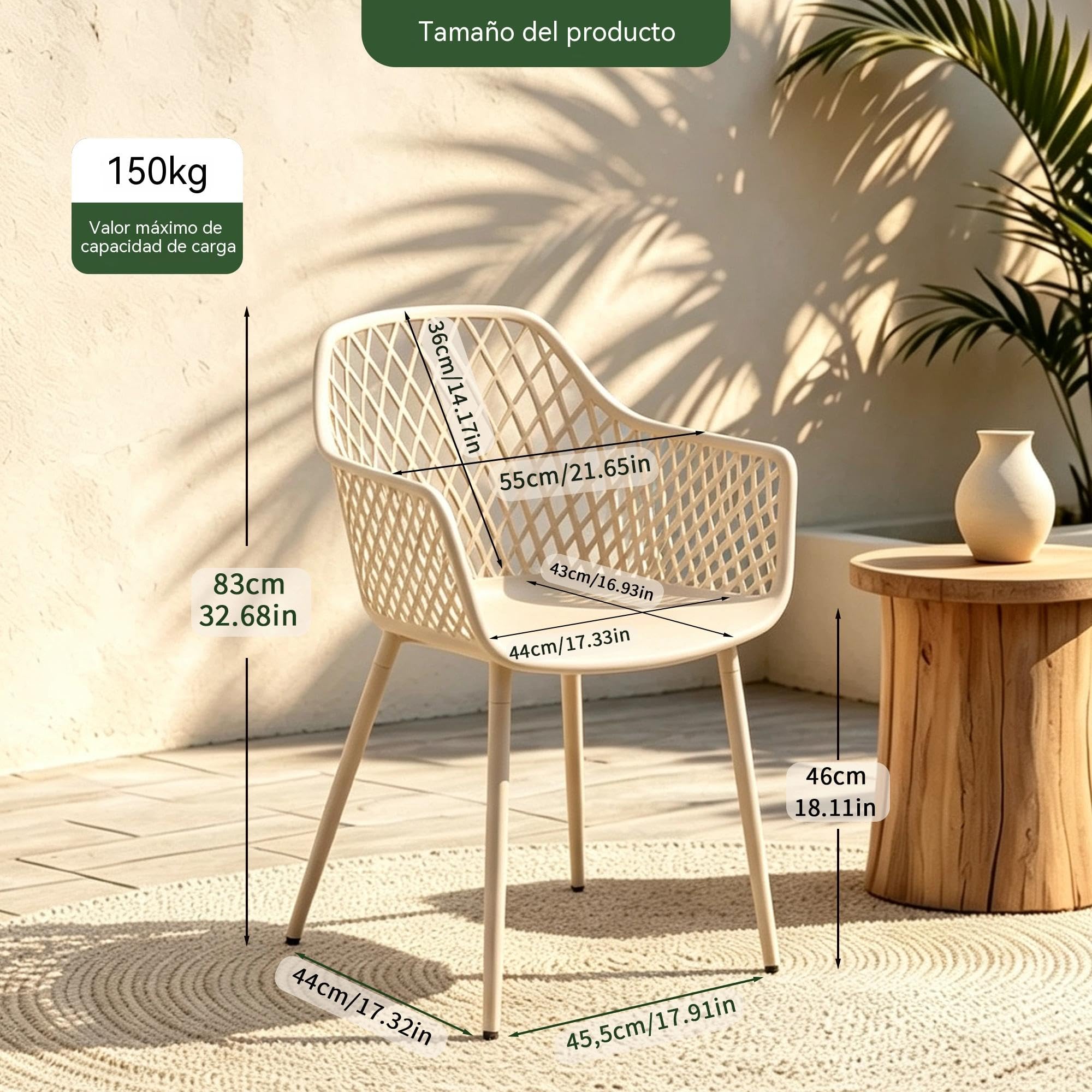 Pack de 4 Sillas de Jardín Impermeables Sillas de Terraza Caqui