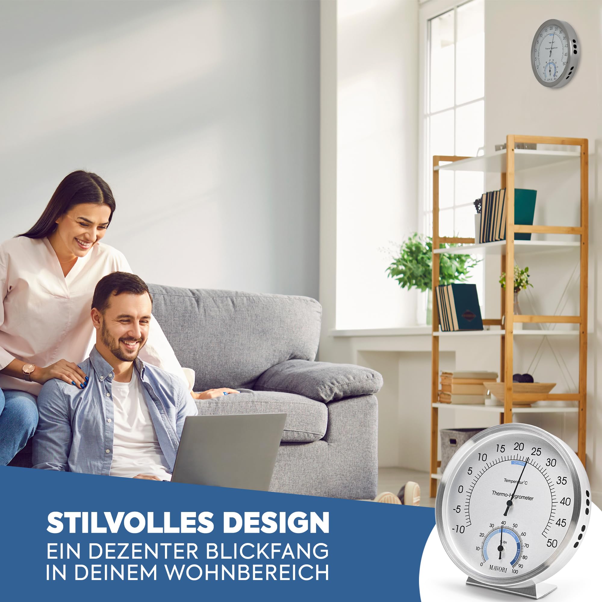 2in1 Thermometer & Hygrometer aus Edelstahl | Analog Hygrometer & Thermometer | Luftfeuchtigkeitsmesser & Raumthermometer innen für Ihr gesundes Raumklima | Ø 12,5cm