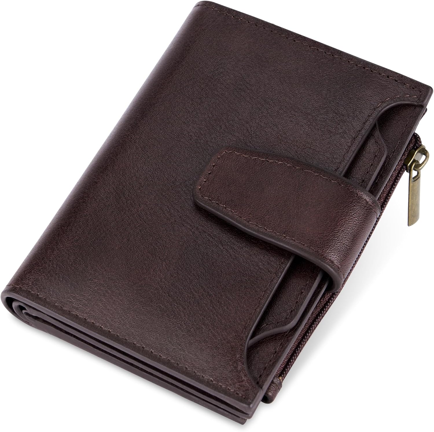 small wallet women rfid blocking genuine leather bifold compact card holder wallet for women with zipper coin pocket 4 id window dark coffee