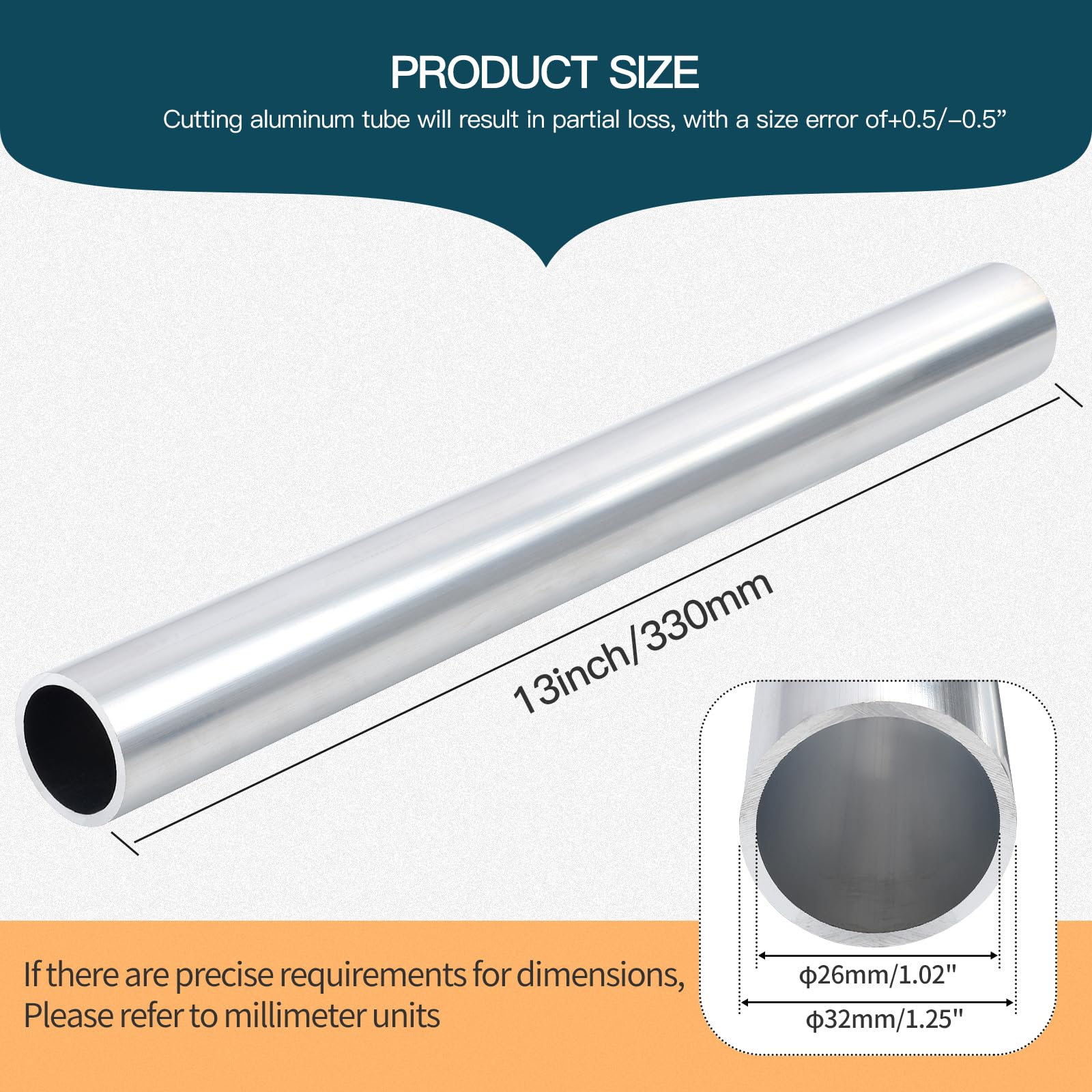 UAUAFIFI 6061 Aluminum Tubing, 32mm OD Seamless Aluminum Round Tube,3mm Wall x 330mm Length Metal Straight Pipe for Diy, Industry, Decoration (1Pcs, 32x26x330mm)