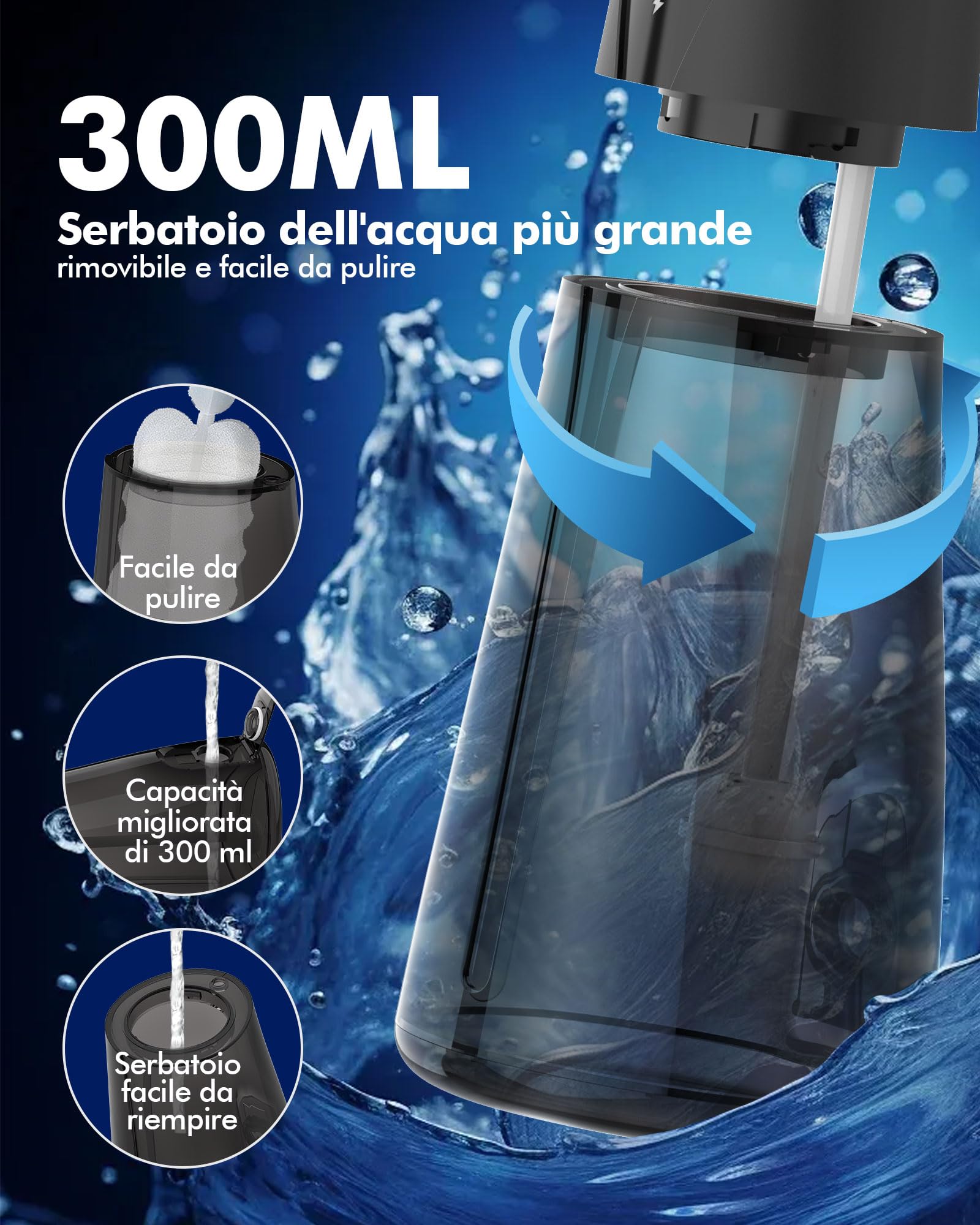 Idropulsore Dentale con 5 Modalità e 6 Beccucci - Design Portatile e Ricaricabile, Serbatoio da 300ml, Pulizia Profonda per Denti e Gengive, Impermeabile IPX7（nero）