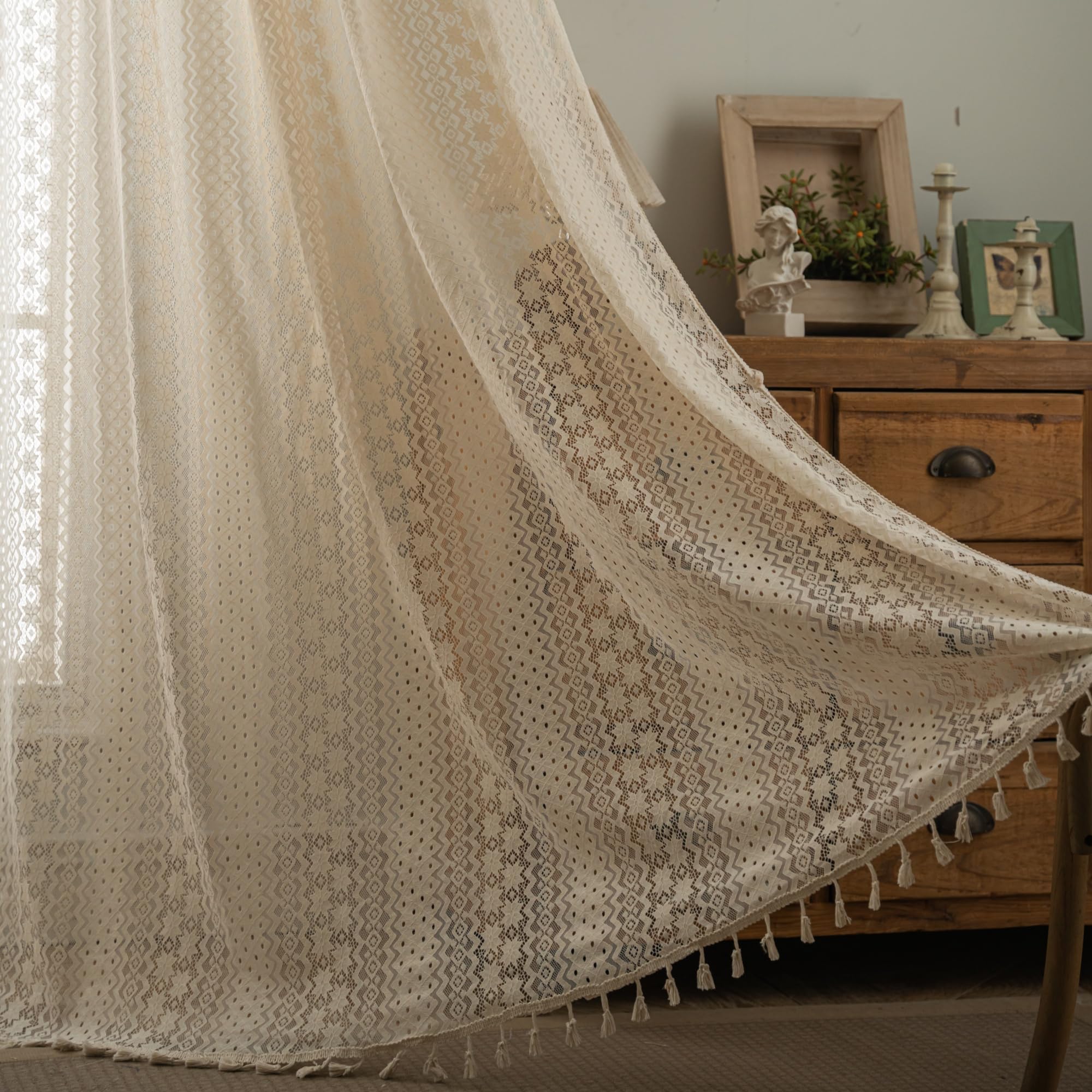 USTIDE Beige Crochet Farmhouse Curtain Geometric Leaves Vintage Tassels Curtain 1 Panel for Bedroom Living Room,Light Filtering,150x160cm