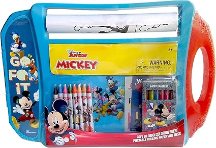 Amazon Com Disney Junior Mickey Mouse Portable Rollig Paper Art Desk With 20ft Coloring Sheet 6 Markers 8 Crayons And 2 Sticker Sheets Toys Games