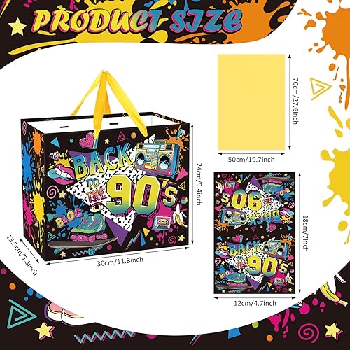 Miniatura 6 de Bolsa de regalo de cumpleaños de los años 90 para hombres y mujeres, bolsas de recuerdos de fiesta temática retro de los años 90 con papel de seda y