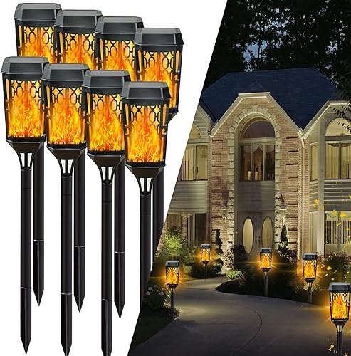 Miniatura 7 de Paquete de 8 luces solares mejoradas para exteriores, antorcha solar con llama parpadeante, antorcha solar para decoración de jardín, luces solares