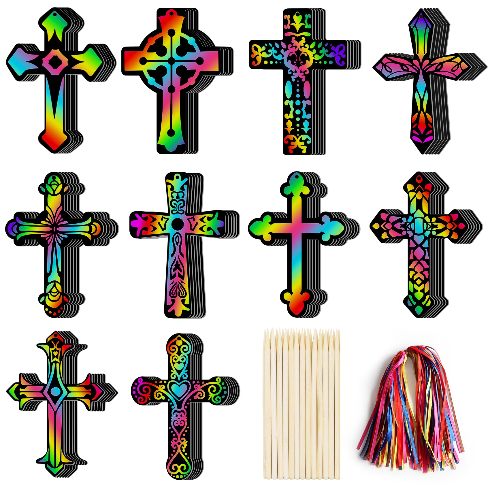 ZMLM Easter Christian Gift for Kids: 60 Pcs Art-Craft Scratch Cross Ornament Rainbow Scratch Paper Set Classroom DIY Party Favor for Boy Girl Sunday School Art Supplies Age 3 4 5 6 8 10 Year Old
