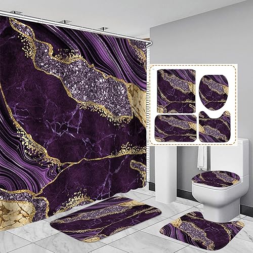 Miniatura 41 de Juego de 4 cortinas de ducha de mármol, modernos juegos de baño con tapa de inodoro, tapete de contorno y tapete de baño, decoración de baño de lujo