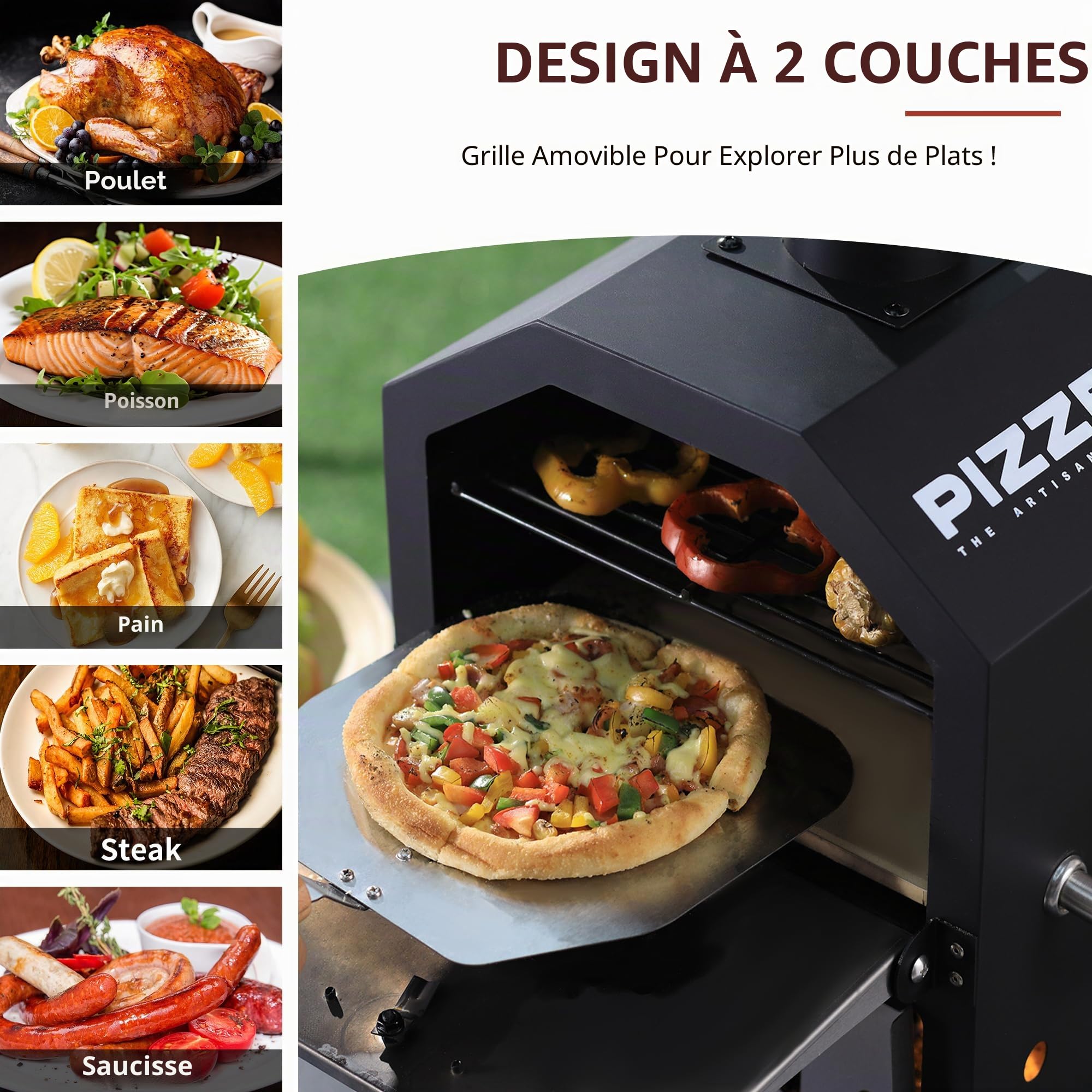 PIZZELLO Machine à pizza d'extérieur au feu de bois 2 couches avec pierre à pizza, pelle et grille – Housse imperméable et pieds pliables 66 cm