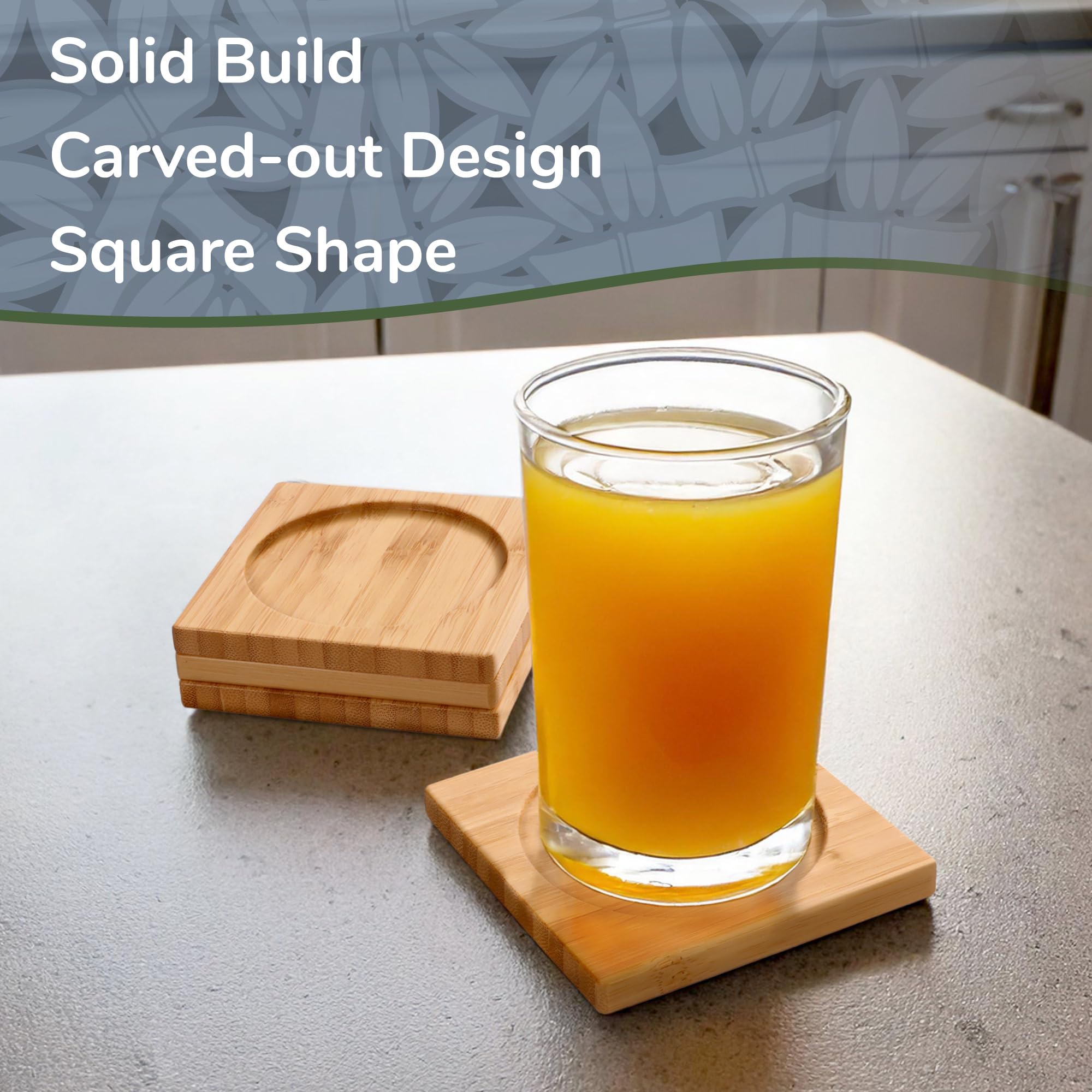 BambooMN Heavy Duty 100% Eco-Friendly Natural Bamboo Coasters - 3.75" x 3.75" - Square - 4 Piece Coaster Set - Image 4
