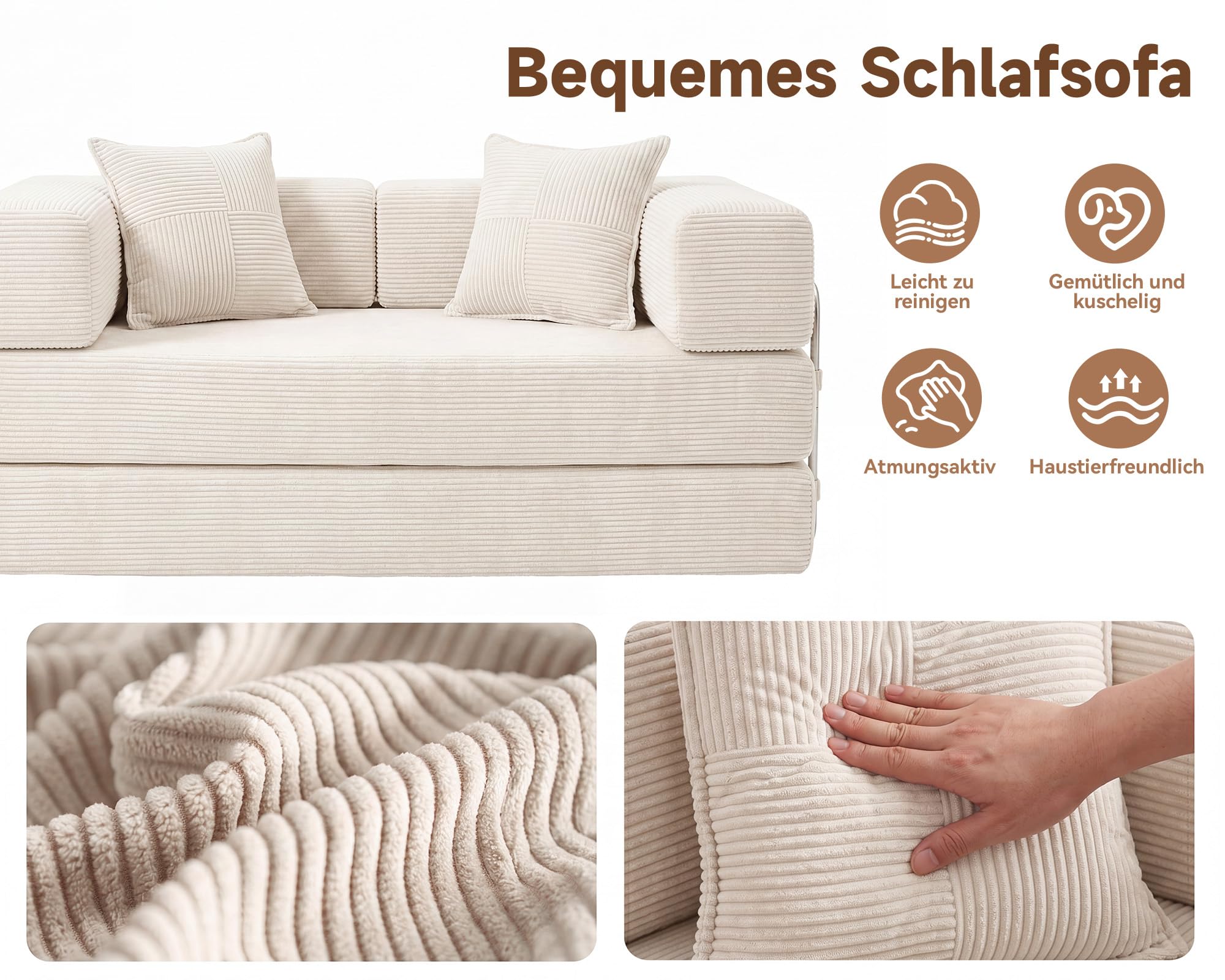 Vipbear Sofá Cama 2 Plazas, 180cm Modular Versátil Sofá Convertible 5 en 1 | Alta Densidad Espuma Viscoelástica Sofá Cama para Apartamento, Seccional sin huesos, Apto para Mascotas, sin Montaje, Beige