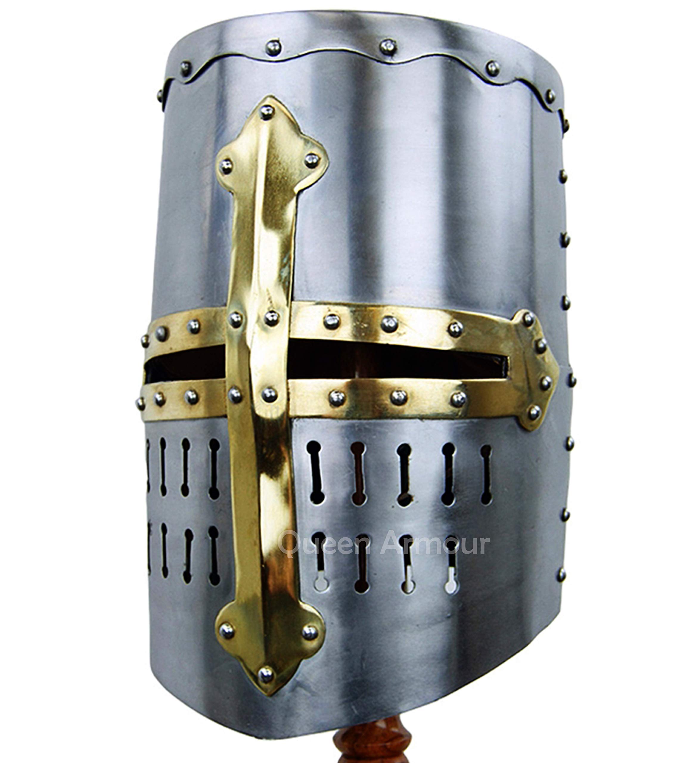 Queen Armour Medieval 13th Century Great Helmet Brass Cross German Gladiator Burgonet Helmet European Kettle Hate Viking Mask Barbuta Crusader Armour Italian Nasal Normal Pig Face