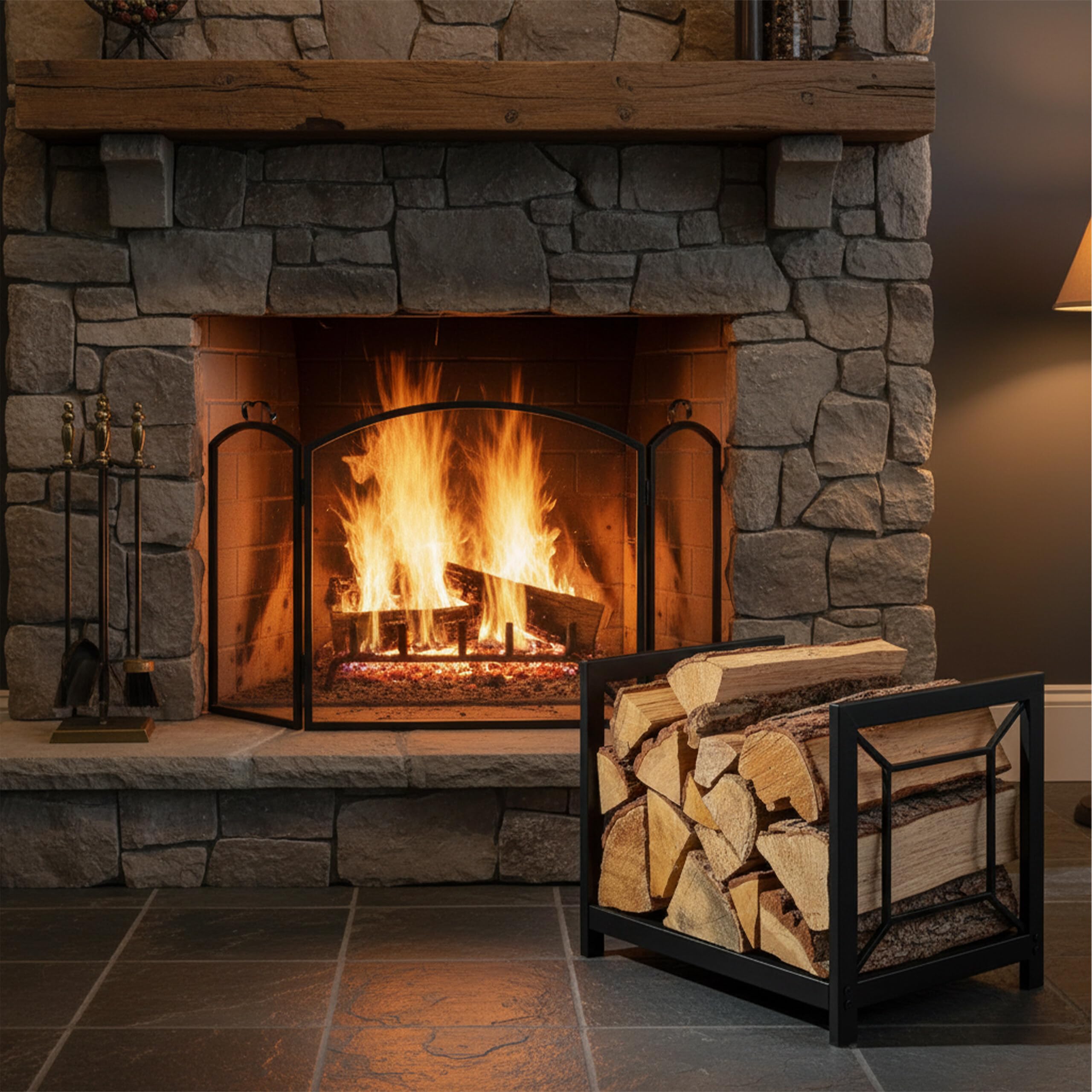 Estante para leña Relaxdays, Metal, Moderno, HBT: 36 x 43 x 35,5 cm, Estante para leña, leña apilada, Negro