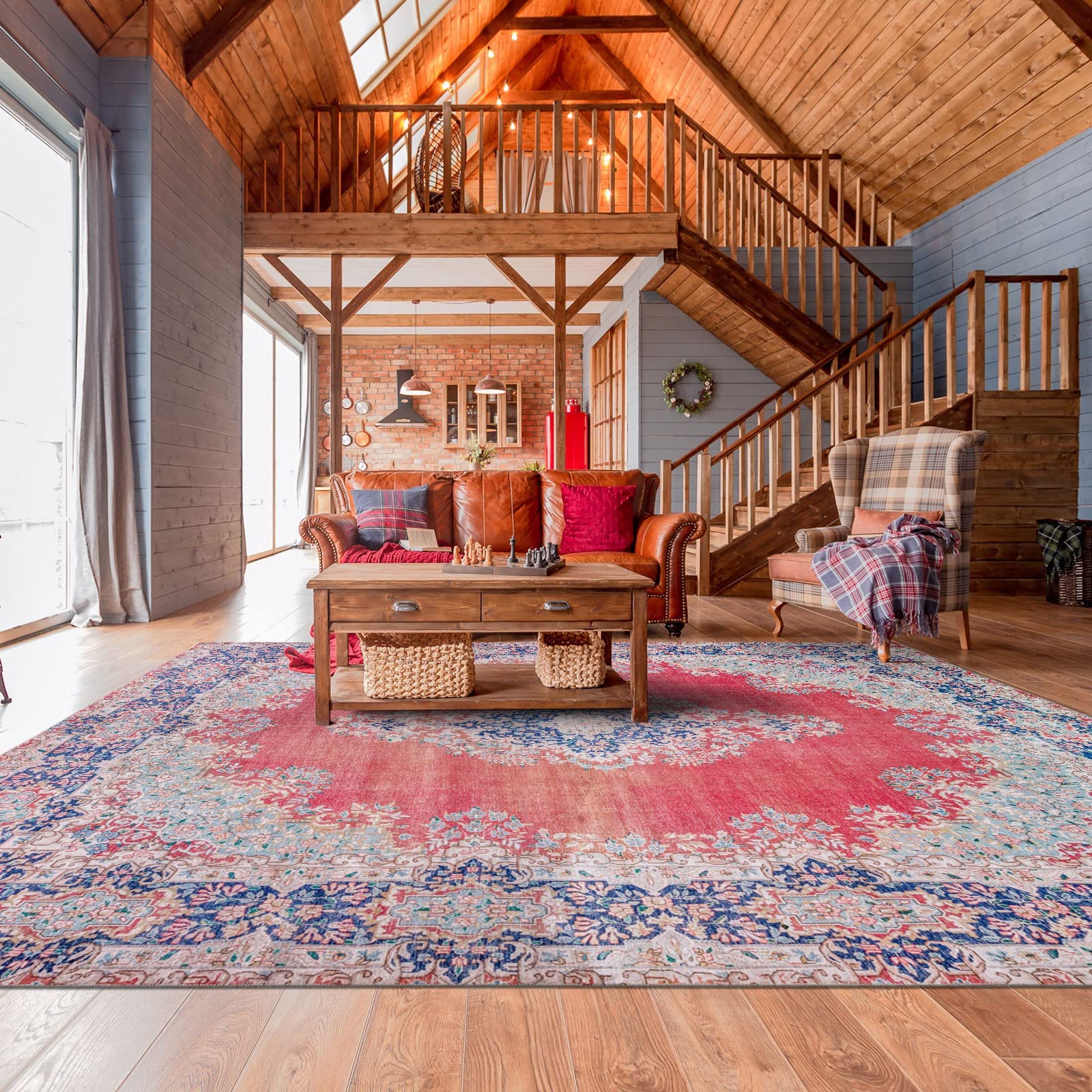 DECOMALL Maila Large Washable Rug Indoor, Rugs with Rubber Backing, Non Slip Rug, Foldable Rug Thin, 9x12 Traditional Bohemian Red Big Rug for Bedroom, Living Room, Machine Washable Carpets