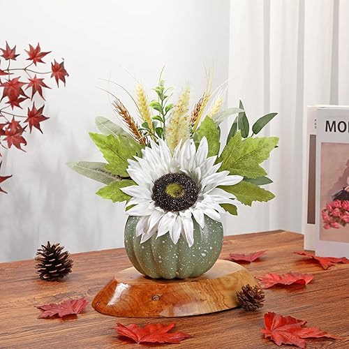 Miniatura 5 de Arreglo floral de calabaza artificial con girasoles blancos y hojas de otoño, centro de mesa de otoño para Acción de Gracias, Halloween y decoración
