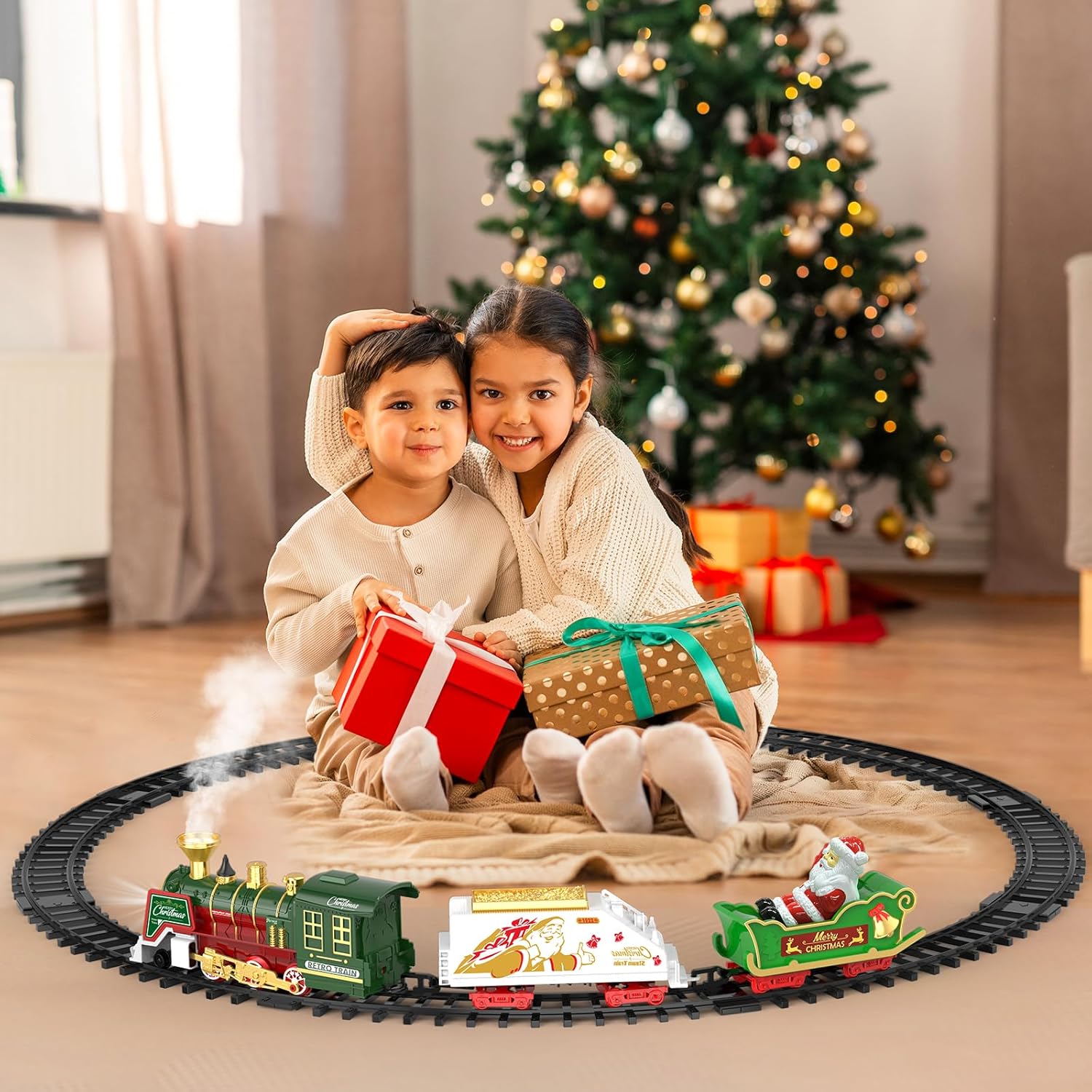 Christmas Train Set - Hanging Train Toys with Smoke Light & Sound for Boys Girls,Train Set Around Under The Christmas Tree with Steam,Carriages Tracks for 3-12 Years Old Kids Decoration Gift