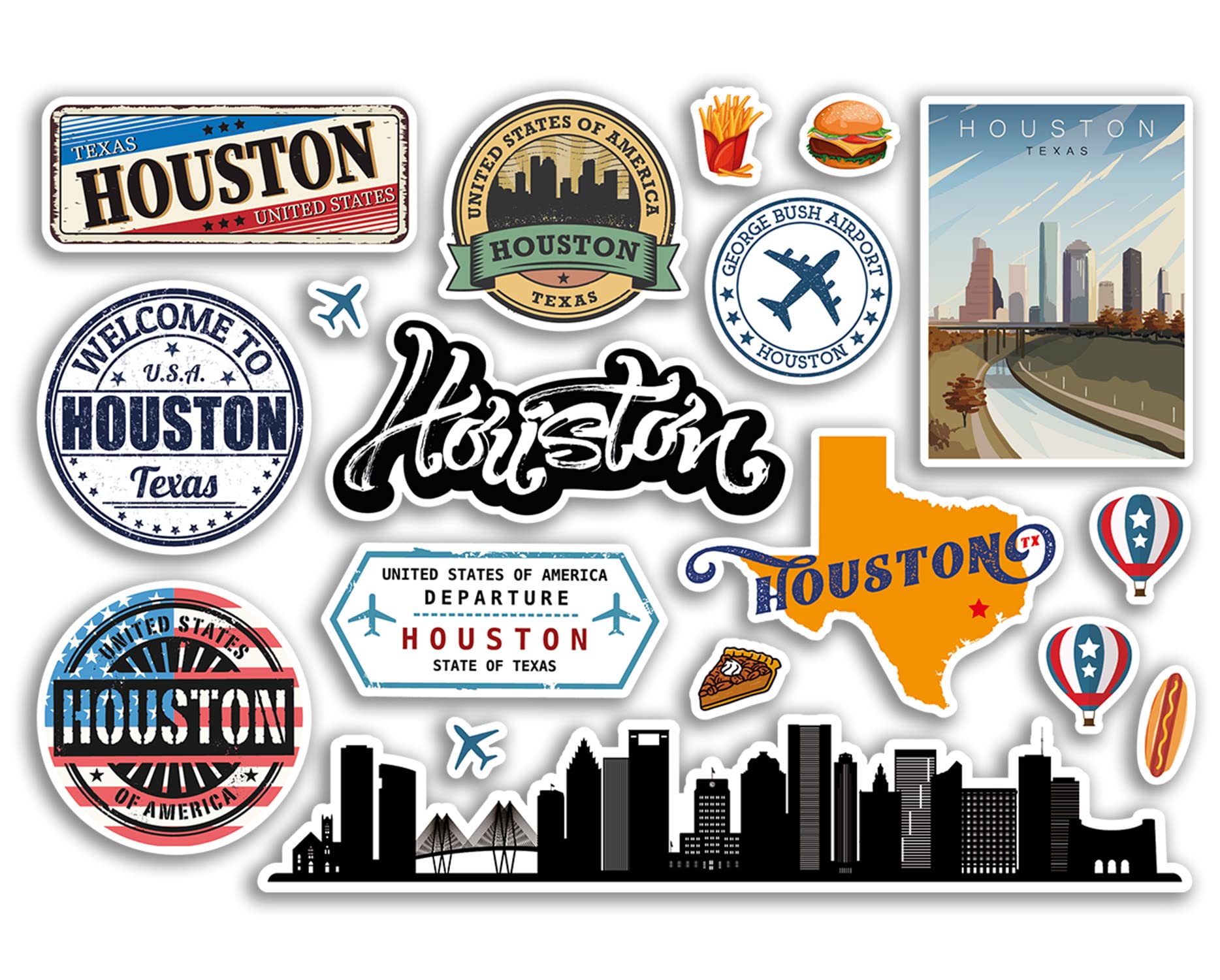 Dv Design Multi A5 Sticker Sheet Houston Landmarks Vinyl Stickers - Texas America States Usa American Airport Stamps Skyline Flag Map Travel Holiday Scrapbooking City Luggage #79157