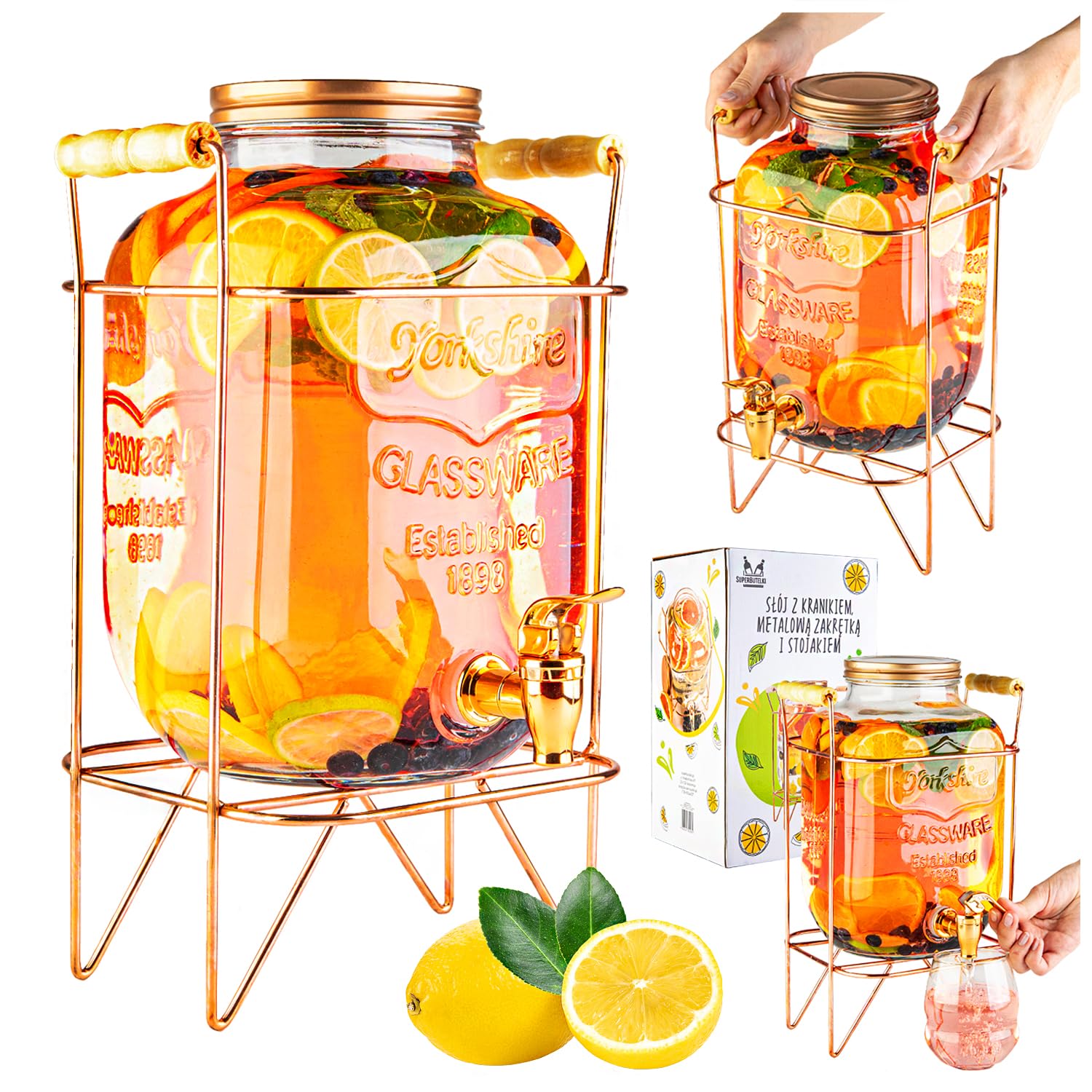 Distribuidor de Bebidas con Grifo Antigoteo - Dispensador de Bebidas de Agua de Vidrio con Soporte y Tapa - Distribuidor de Limonada de 5 litros