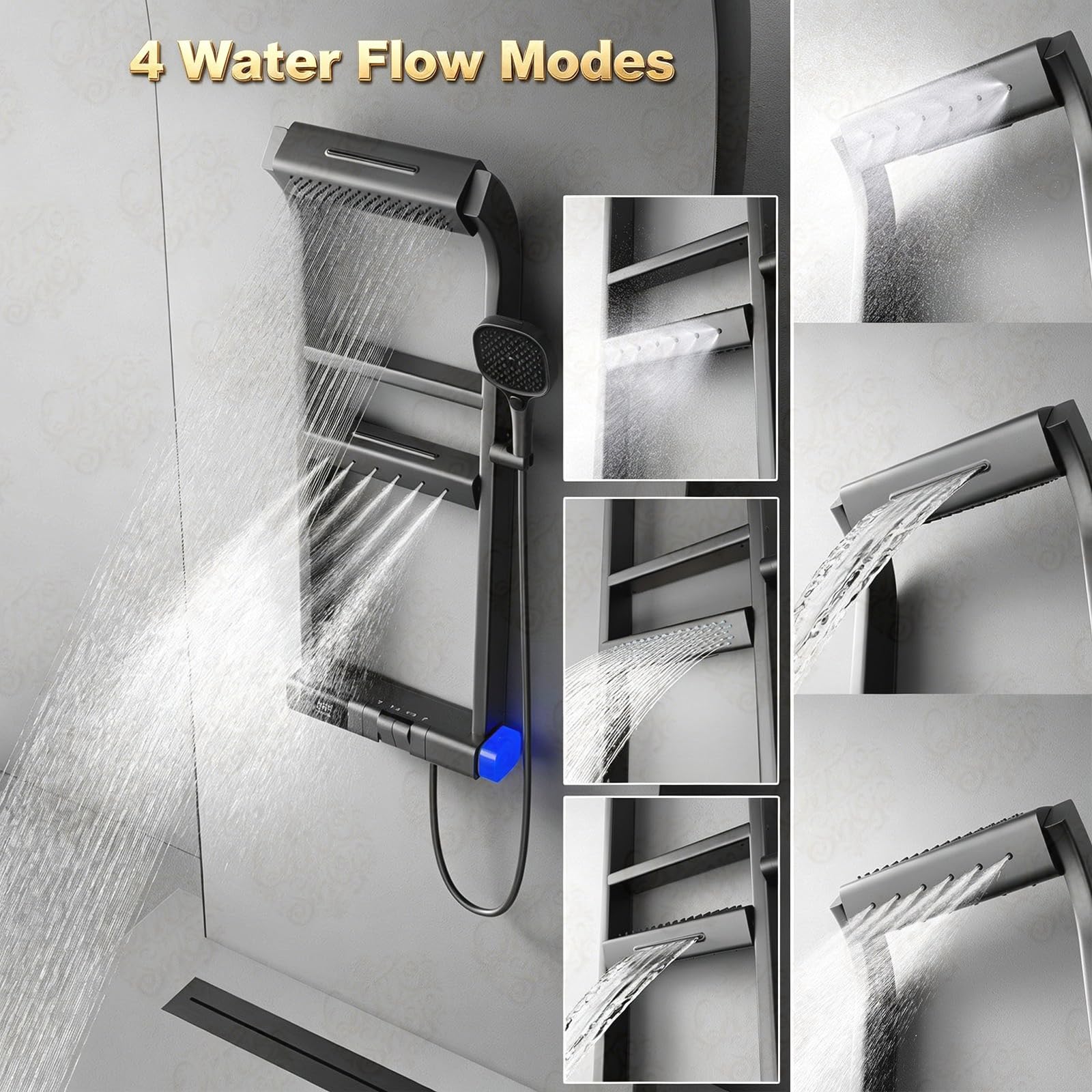 Sistema de ducha termostático con 6 funciones, juego de ducha completo con 4 modos de pulverización y cabezal de ducha de mano, diseño moderno de teclas de piano, fácil instalación