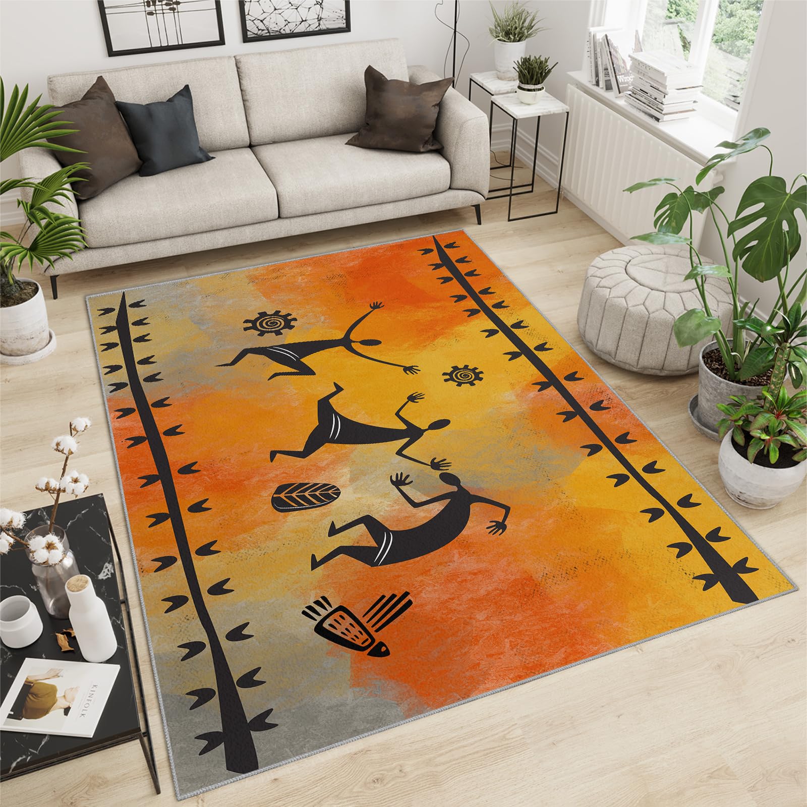 QDJKBL Area Rugs 180 X 270 Cm African Retro Ethnic Bohemian, Black Cartoon Villain Geometry Large Area Rug, Shock Absorption Carpet Non-Shedding for Bedroom Living Room