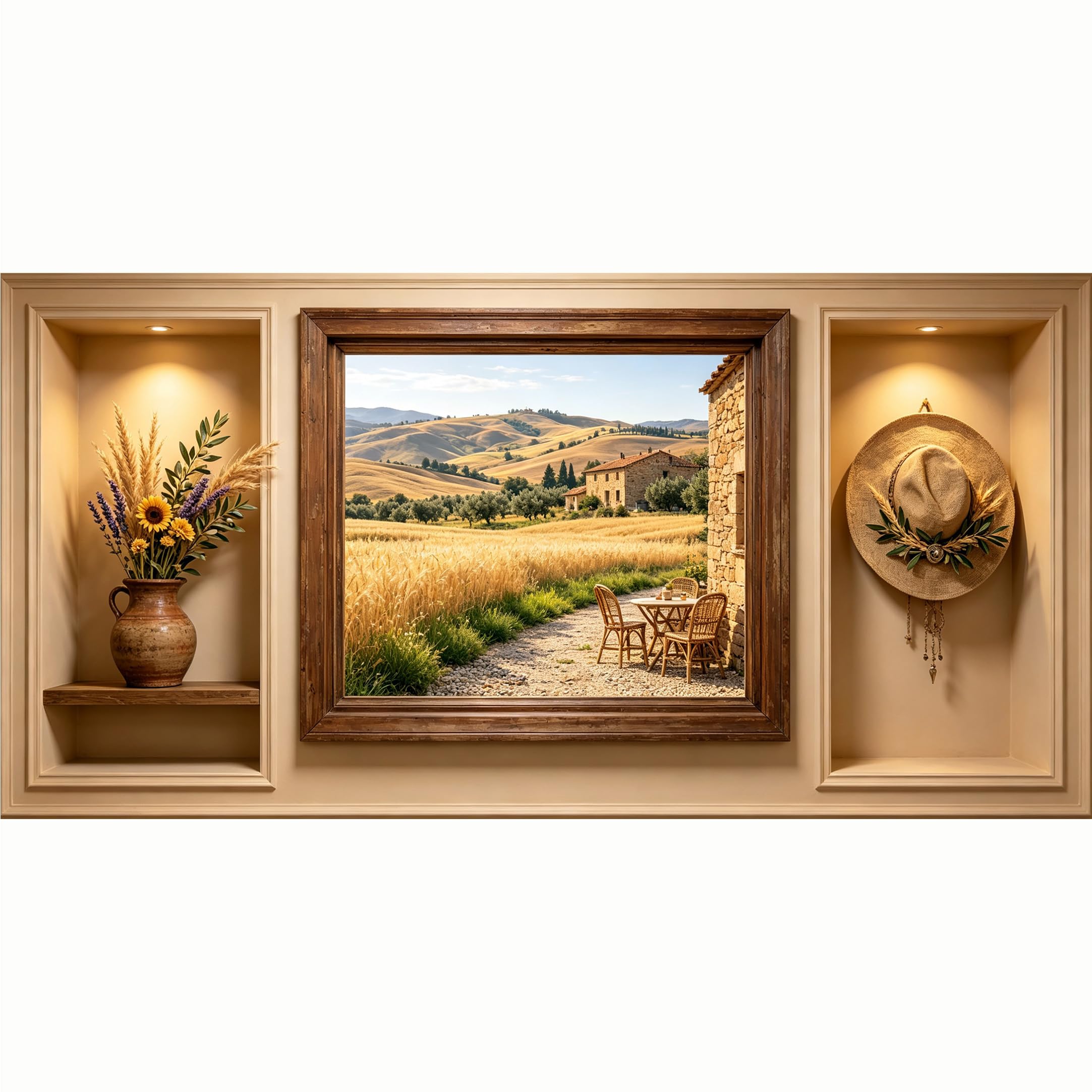 QZLITHOTIC 50x100cm 3D Framed Wall Art， Tuscan Farmhouse Wheat Field Landscape Self‑Adhesive Mural， Water‑Activated Peel & Stick Fabric Decor Wall Decal for Bedroom Living Room