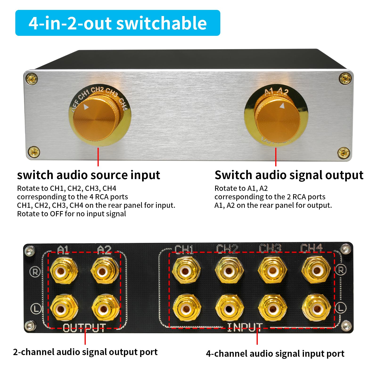 RCA Audio Switch Box 4 in 2 out con selettore di uscita - Interruttore stereo passivo A/B, controllo indipendente dell'uscita a 2 vie, connettori RCA placcati oro e guscio in alluminio per sistema