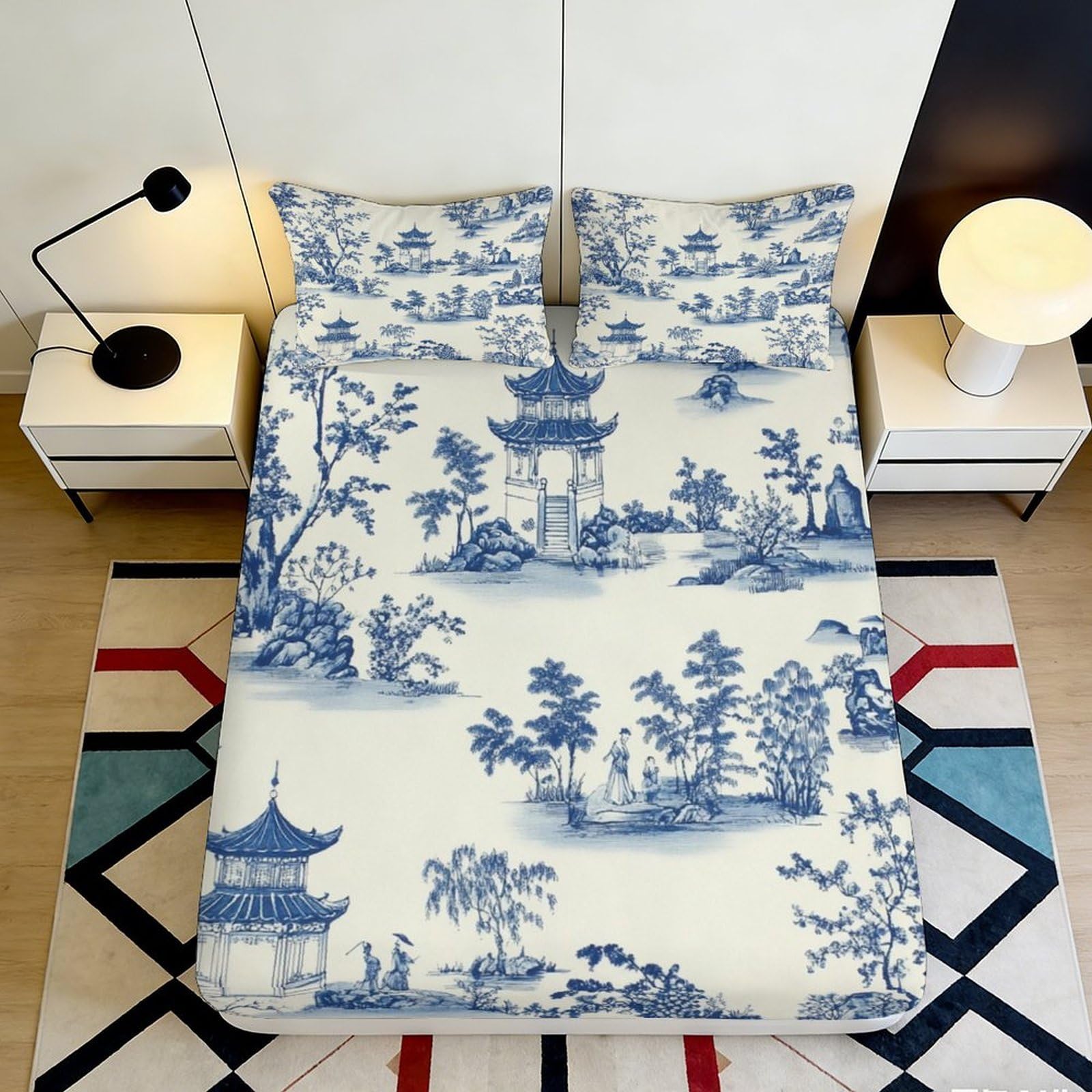 Jqzkxnhpbr Style-2 3D Printed Blue Oriental Landscape Fitted Sheet Microfiber Soft Easy Care Chinese Pagoda Mattress Cover For Bedroom Guest Room Décor 90X200x25cm