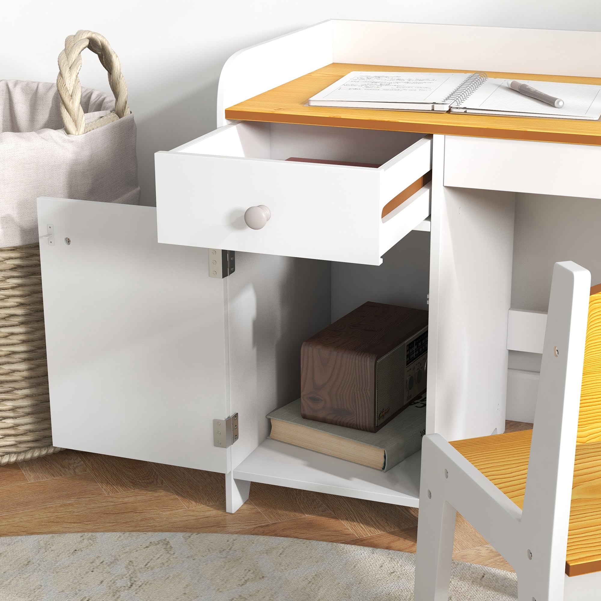 ZONEKIZ Conjunto de Escritorio de 2 Piezas Pupitre Infantil Escritorio para Niños Incluye Silla y Mesa con Cajón y Armario para Dormitorio Sala Blanco y Natural