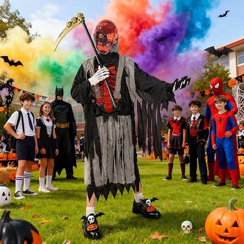 Miniatura 14 de Conjunto de disfraz de parca de Halloween, máscara de calavera LED, capa andrajosa, guantes de esqueleto, guadaña de calavera Rojo -,Negro