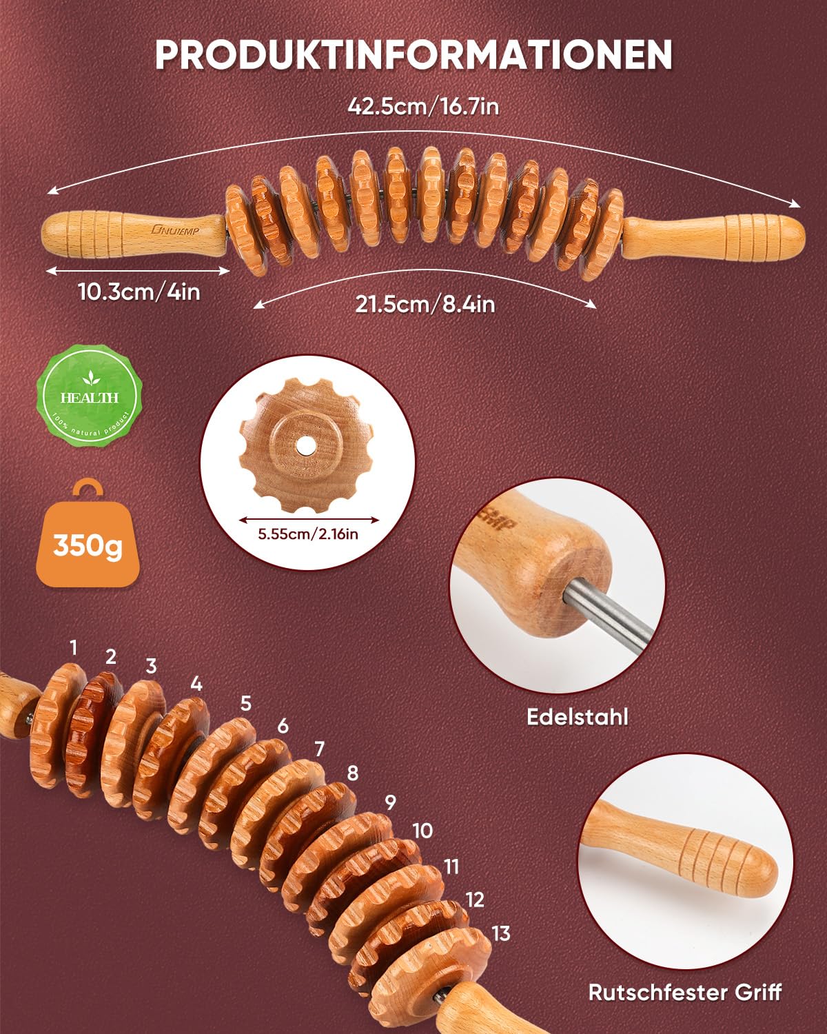 Neues Design Faszienrolle Holz Massagegerät, Faszienstab Roller Wood, Massageroller Mit Griff, Massage Holz Anti Cellulite Massagegerät, für Maderotherapie und Lymphdrainage 42.2cm 350g Buche