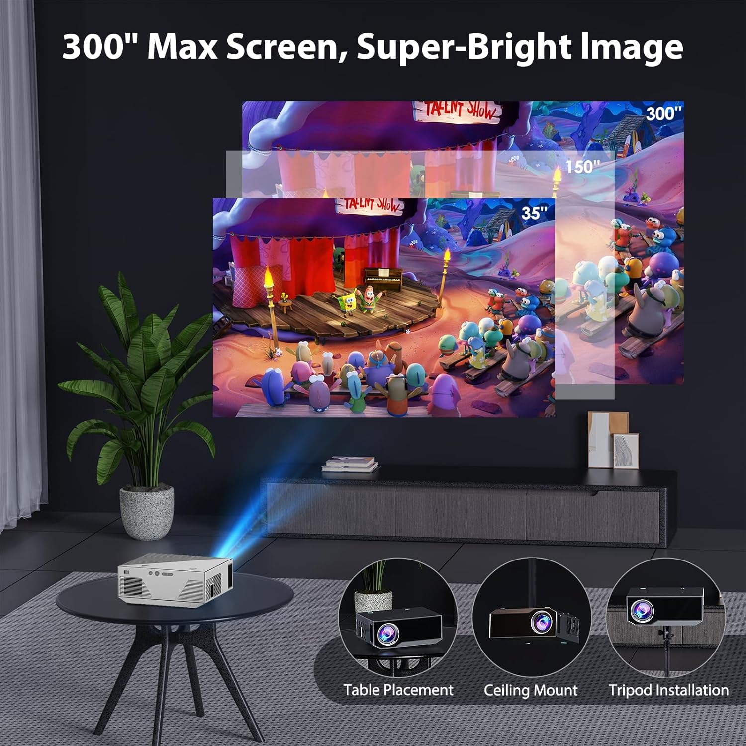Diagram showing different placement options for the Wielio Mini Projector: Table Placement, Ceiling Mount, and Tripod Installation.