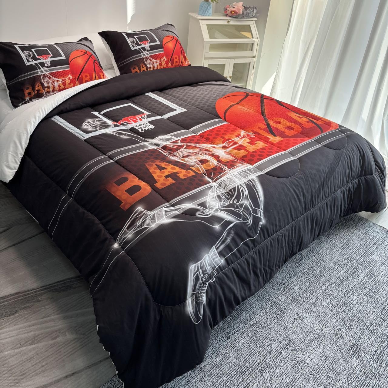 AILONEN Bedding Set, Queen 3D Basketball Comforter Set for Boys Kids Teen, Microfiber, 1 Comforter + 2 Pillowcases