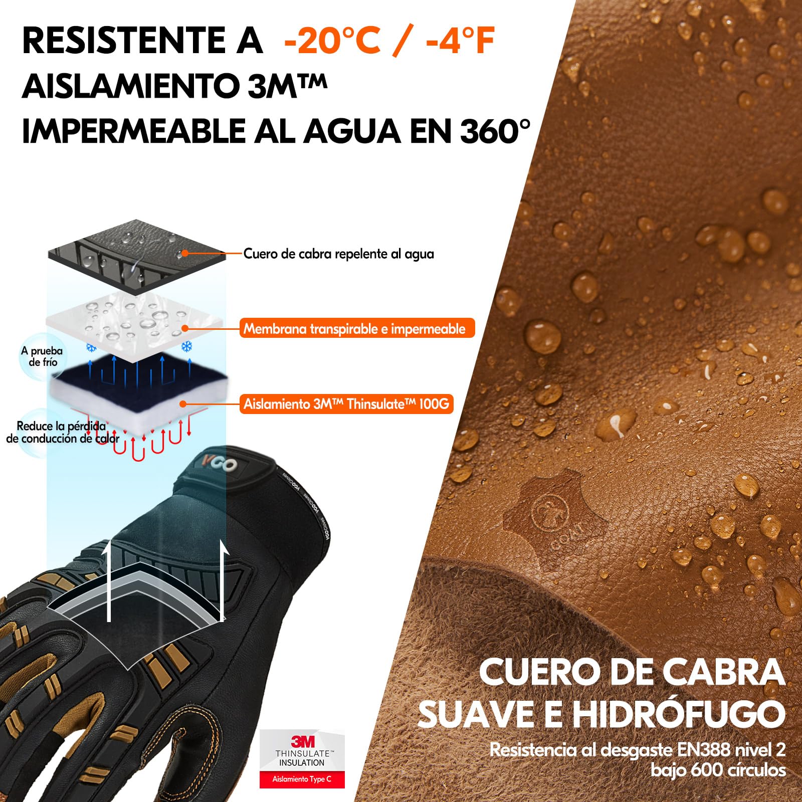 Vgo... Guantes Trabajo Invierno Hombre Touchscreen, Guantes Frío Cálidos para Camioneros Moto Antivibración, 1 par | Marrón,aislamiento C100,-20 °C y más,Forro resistente al agua, pantalla táctil,suave,construcción,exterior,firme,conducta