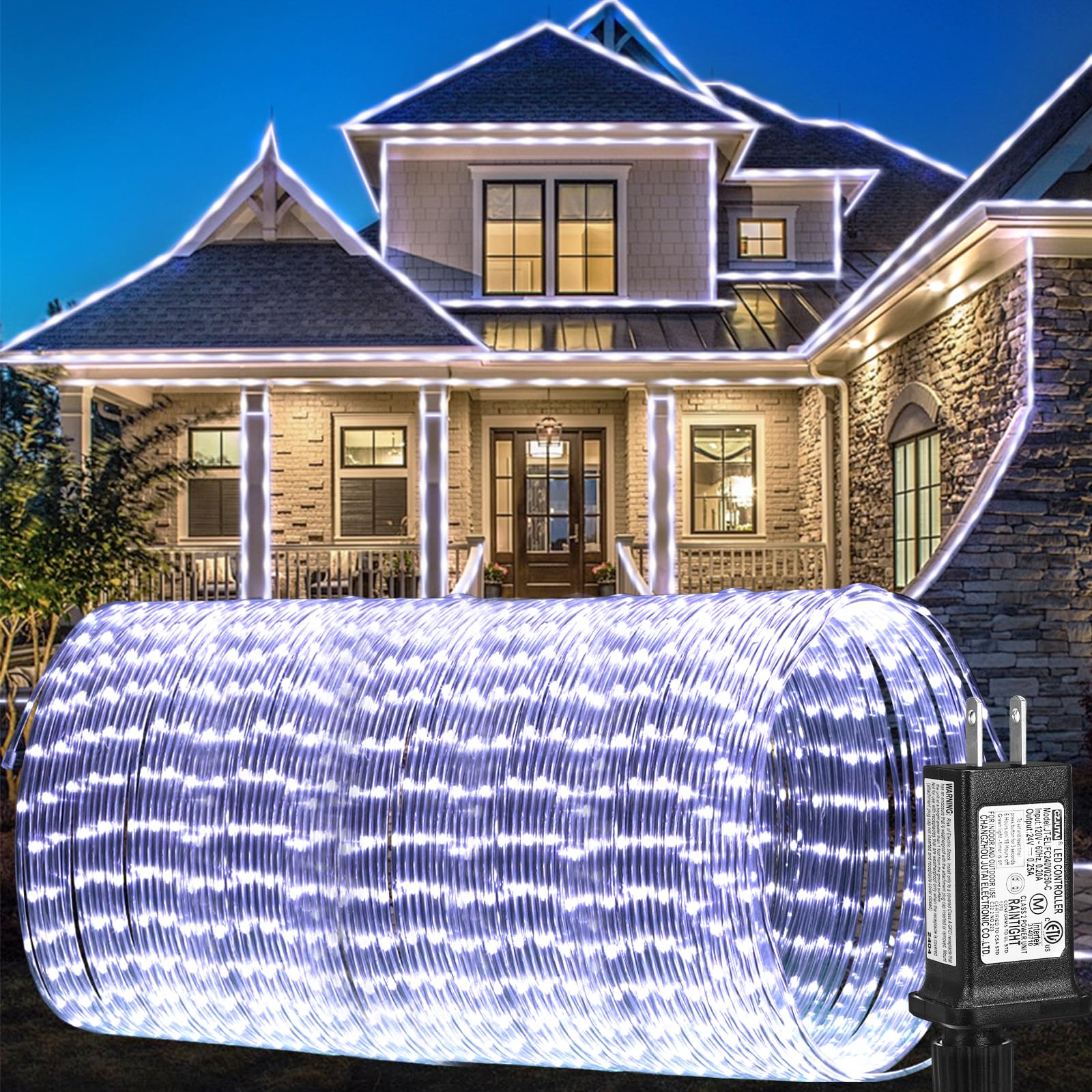 Guirlande lumineuse d'extérieur à 1 000 DEL de 50 m – Étanche – 8 modes – Tube transparent pour camping-car, piscine, terrasse, jardin, arbre de Noël, décoration de vacances (blanc froid)