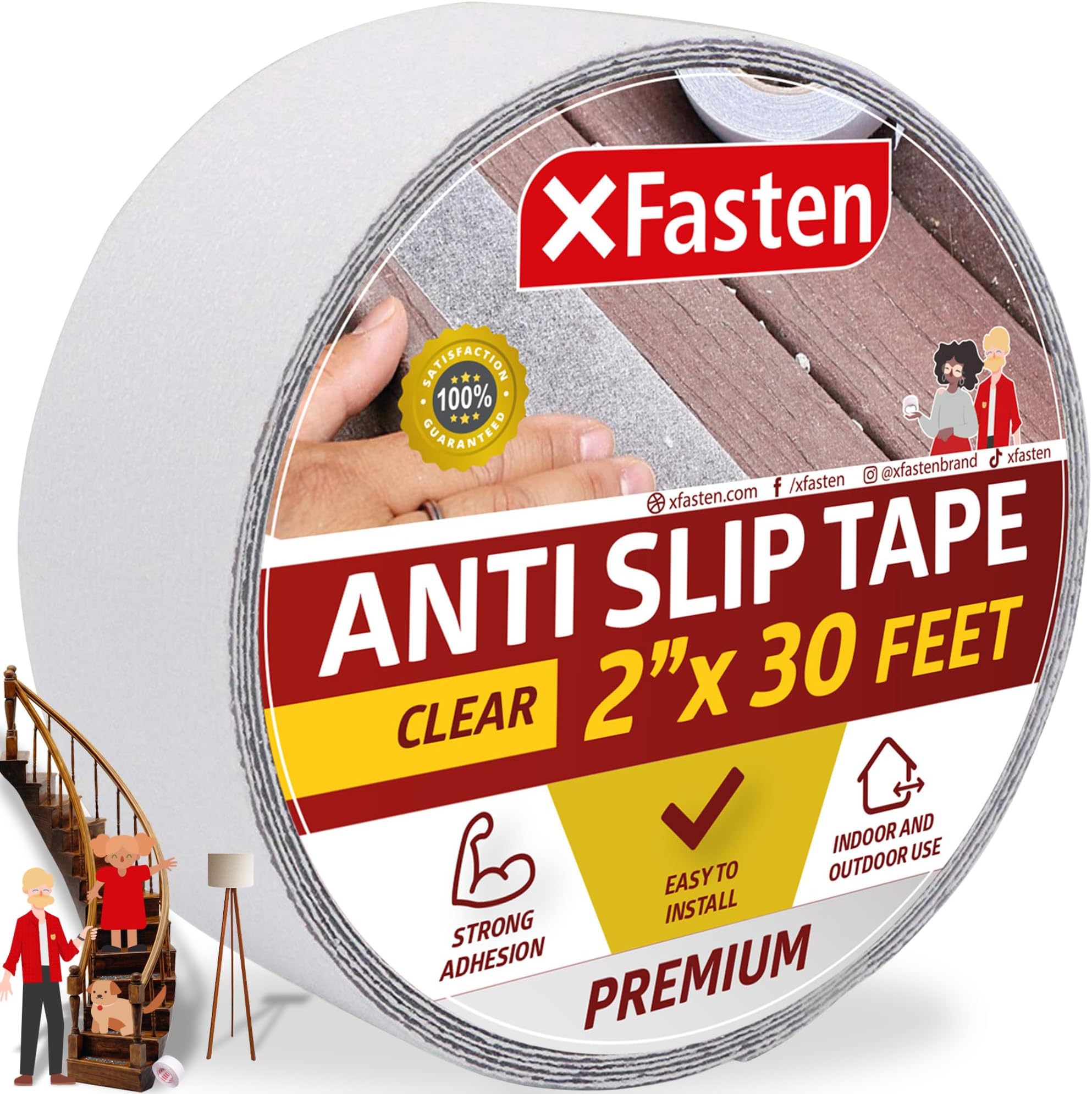 XFastenClear Anti Slip Tape for Stairs, 2-Inch x 30-Foot Traction Non Skid Tape for Steps Outdoor, Non Slip Grip Tape, Residue-Free and Surface-Safe