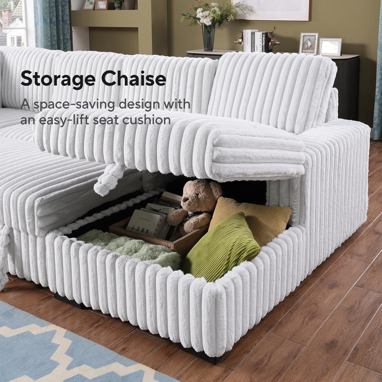 Oversized Sectional Sleeper Sofa with Pull Out Bed,U Shaped 7 Seat Fuzzy Rabbit Plush Large Modular Sectional Sofa Bed Storage Chaise Lounge,for Living Room,122 Inch,Grayish White