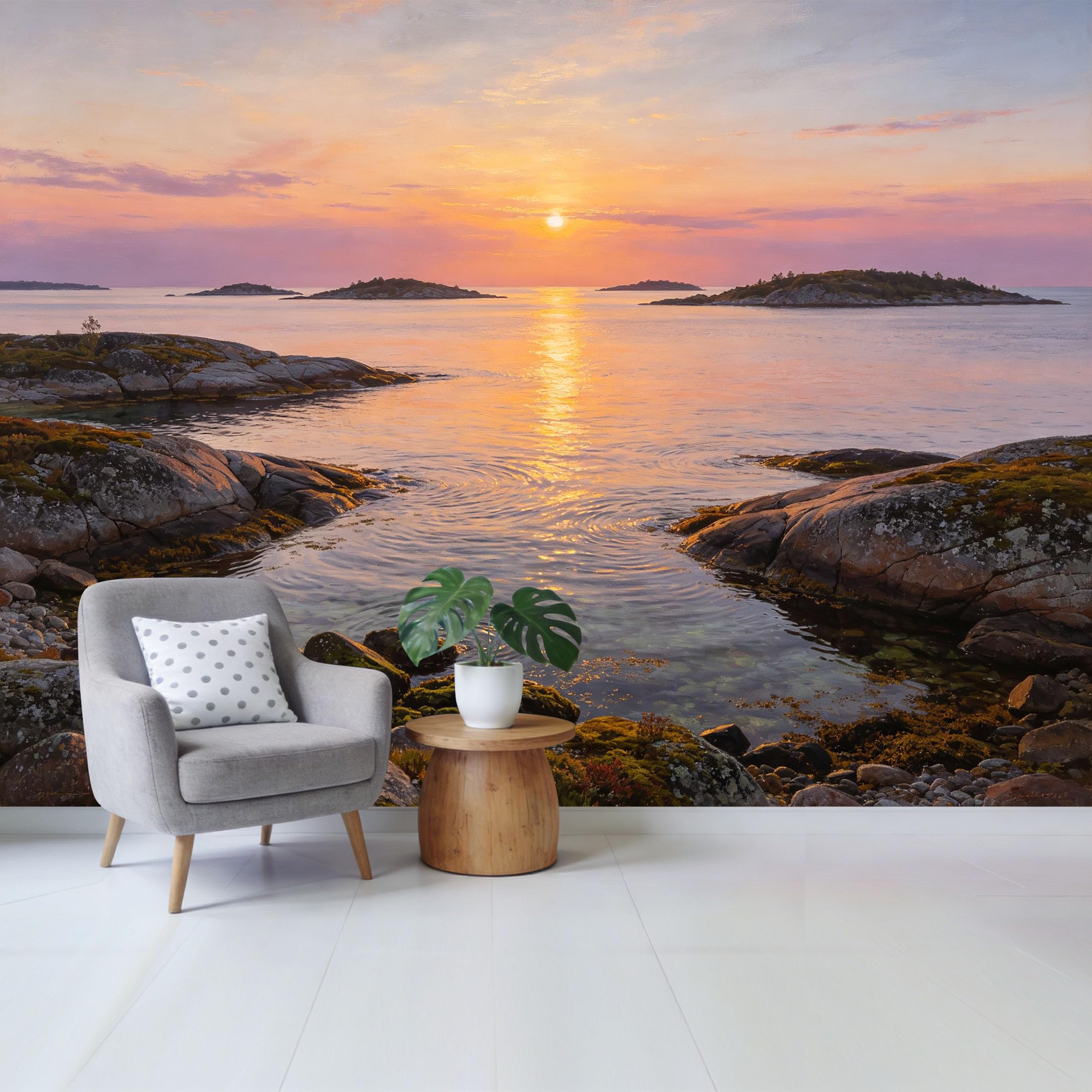 Custom Size Wall Mural Coastal Sunset Ocean Landscape with Rocky Shore and Golden Sky Removable Self Adhesive Fabric Home Wall Decor for Living Room Bedroom Bathroom