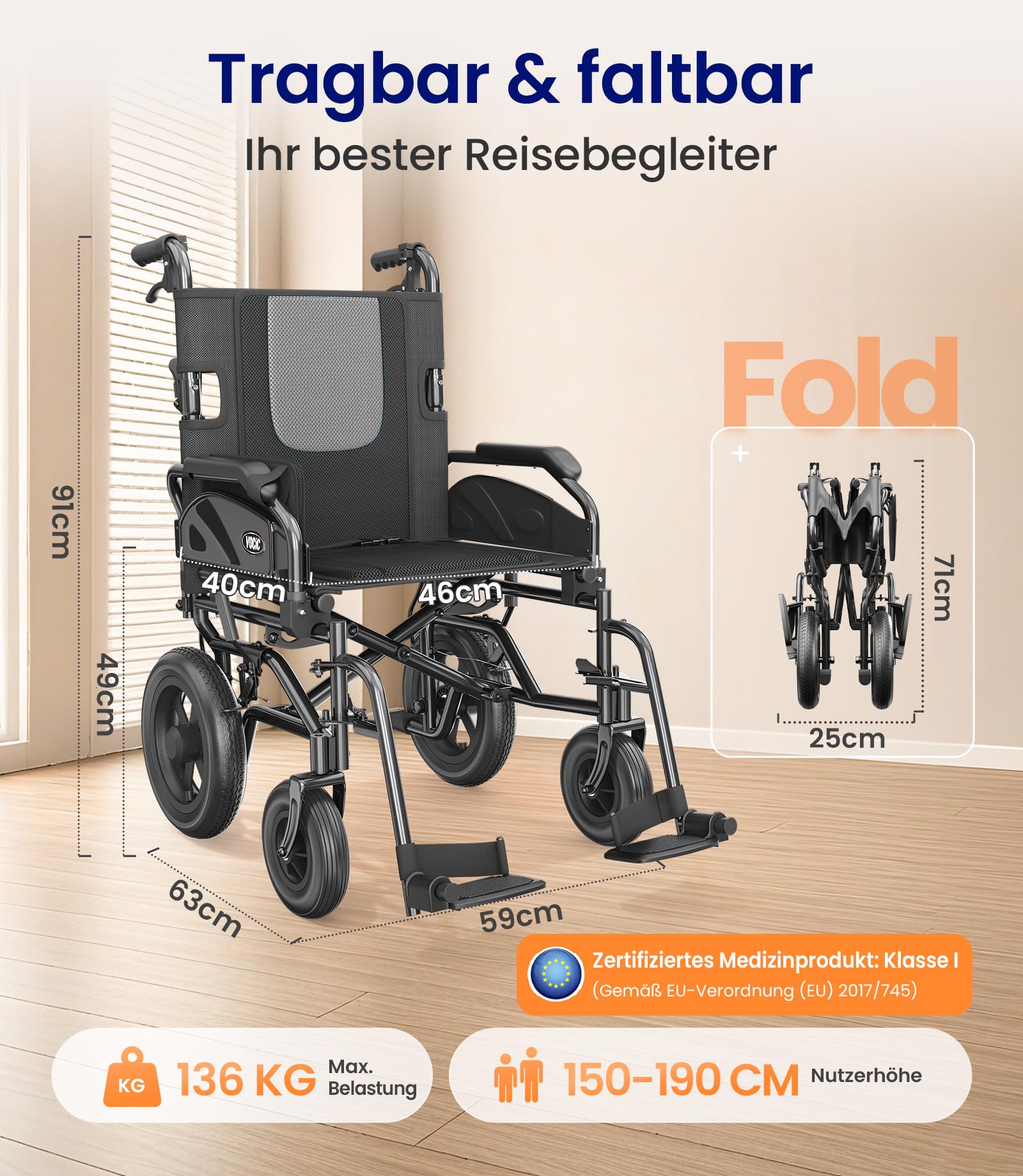 VOCIC U11 Sedia a Rotelle Pieghevole Leggera 13KG Stretta | Carrozzina per anziani fino a 136KG,30CM ruote fuoristrada,cuscino 3D,doppio freno,alluminio|Grigio Chiaro