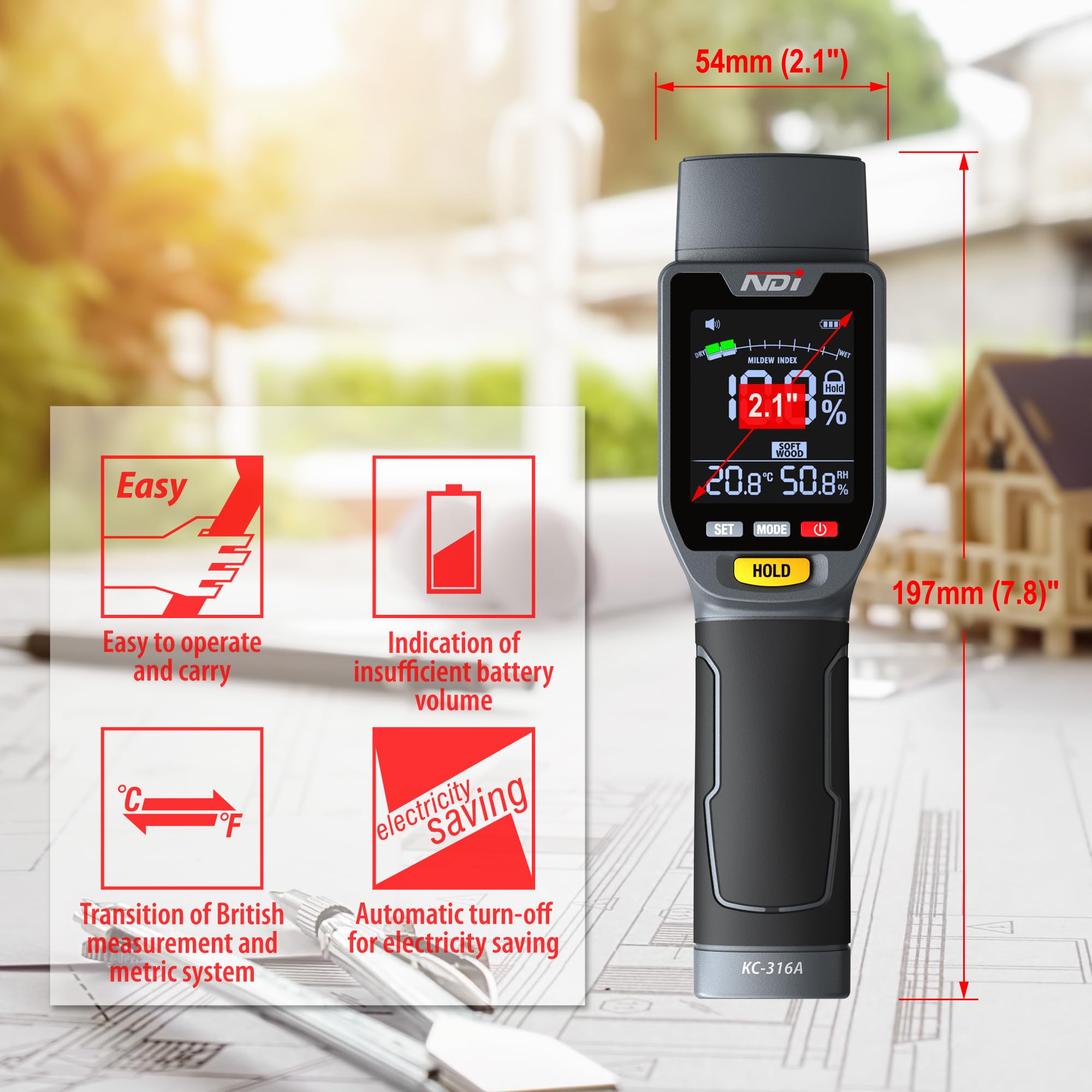 NDI 6 in 1 Non-invasive Moisture Meter Pinless Humidity Sensor Drywall/Gypsum Board/Cement Board/Cork/Hardwood/Mildew Index — Amazon image 9