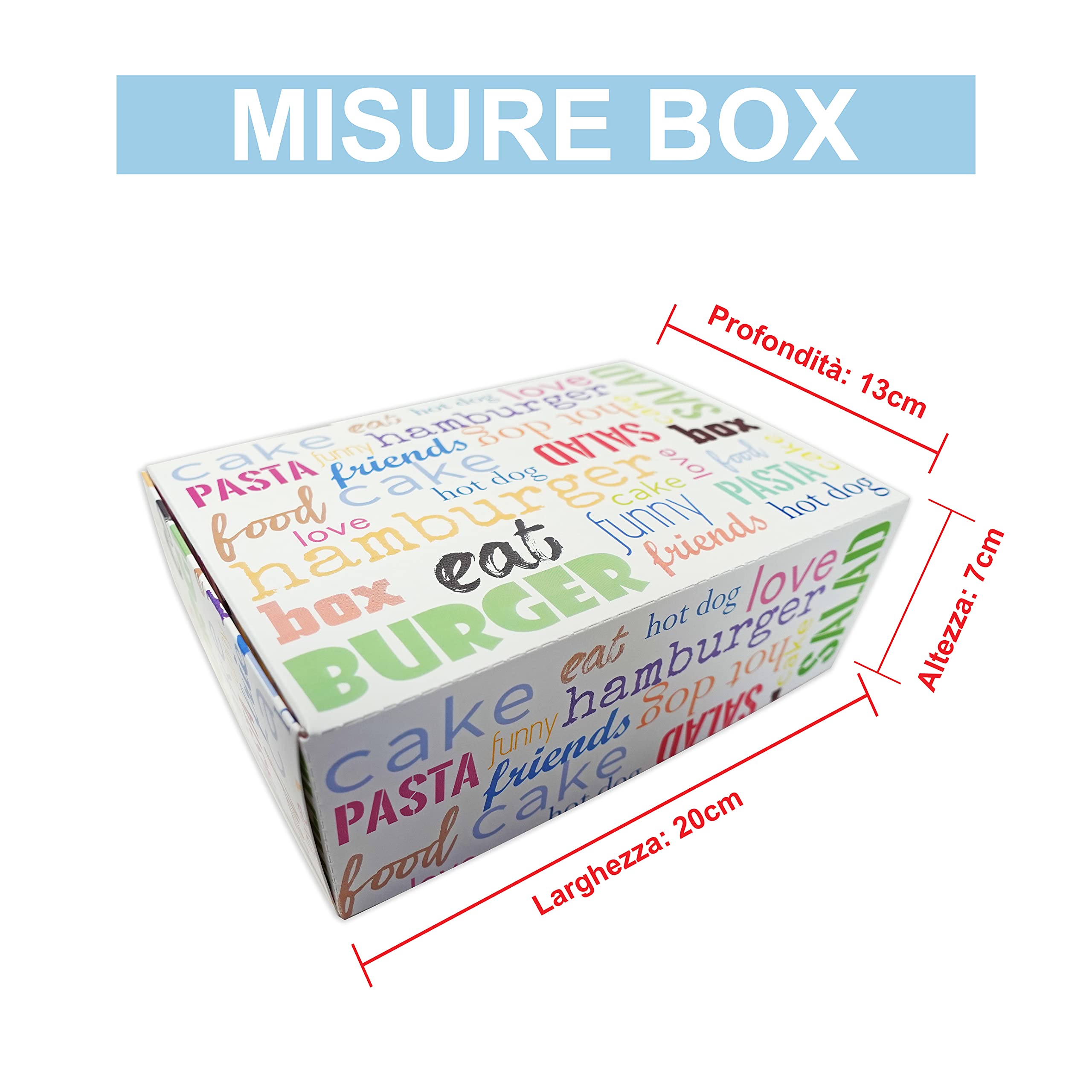 Confezione da 100 scatole per Asporto Alimentare Stampate per Hamburger e Fritti - Misure 20x13x7h cm - White - Interno antiunto - Scatole impilabili