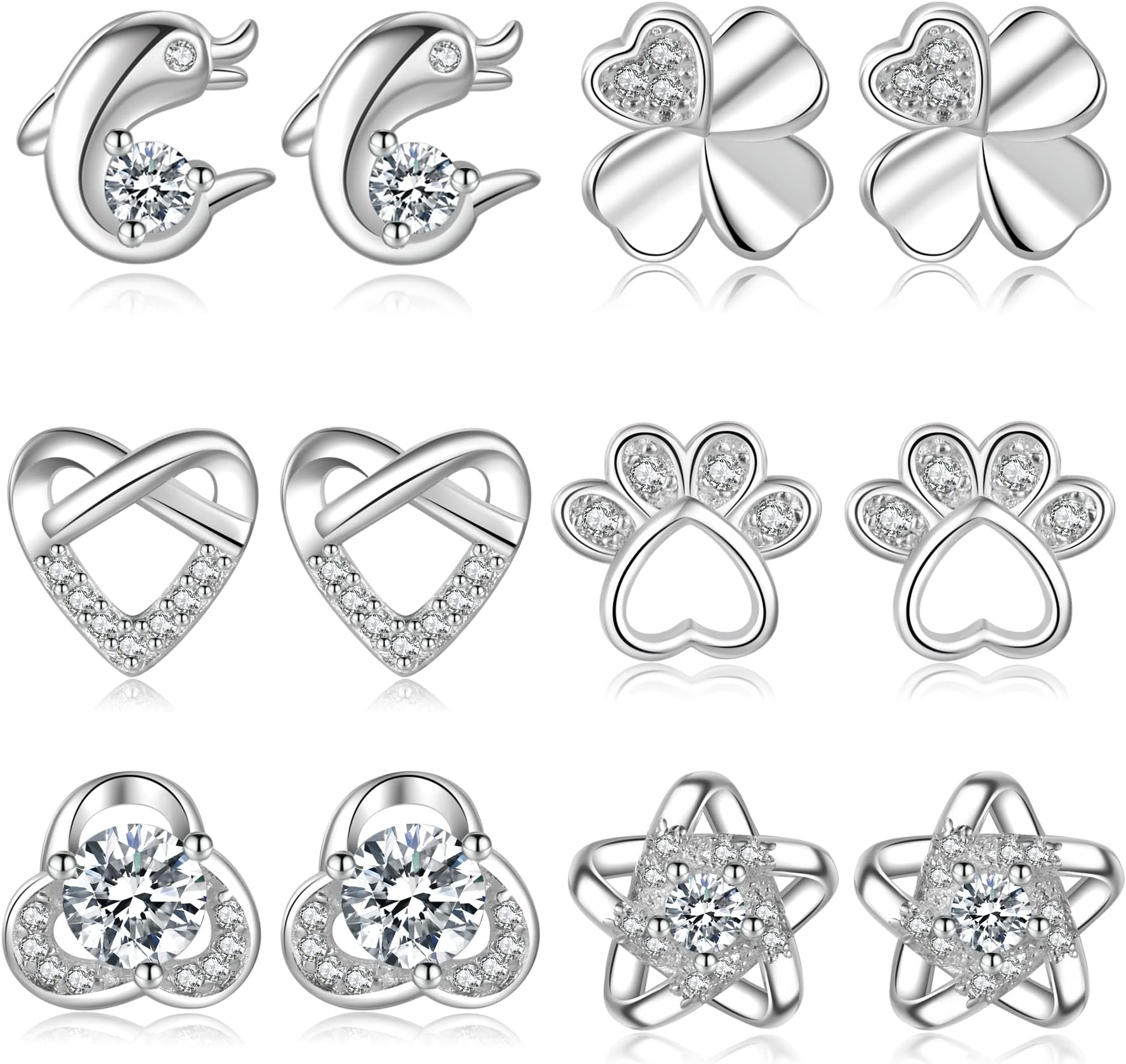 Sterling Silver Stud Earrings S925 Silver Stud Earrings for Women Cute Stud Earrings Hypoallergenic Cubic Zirconia Heart Stud Earrings Small Silver Stud Earrings for Women Set 4/6/8Pairs LOUMILEO