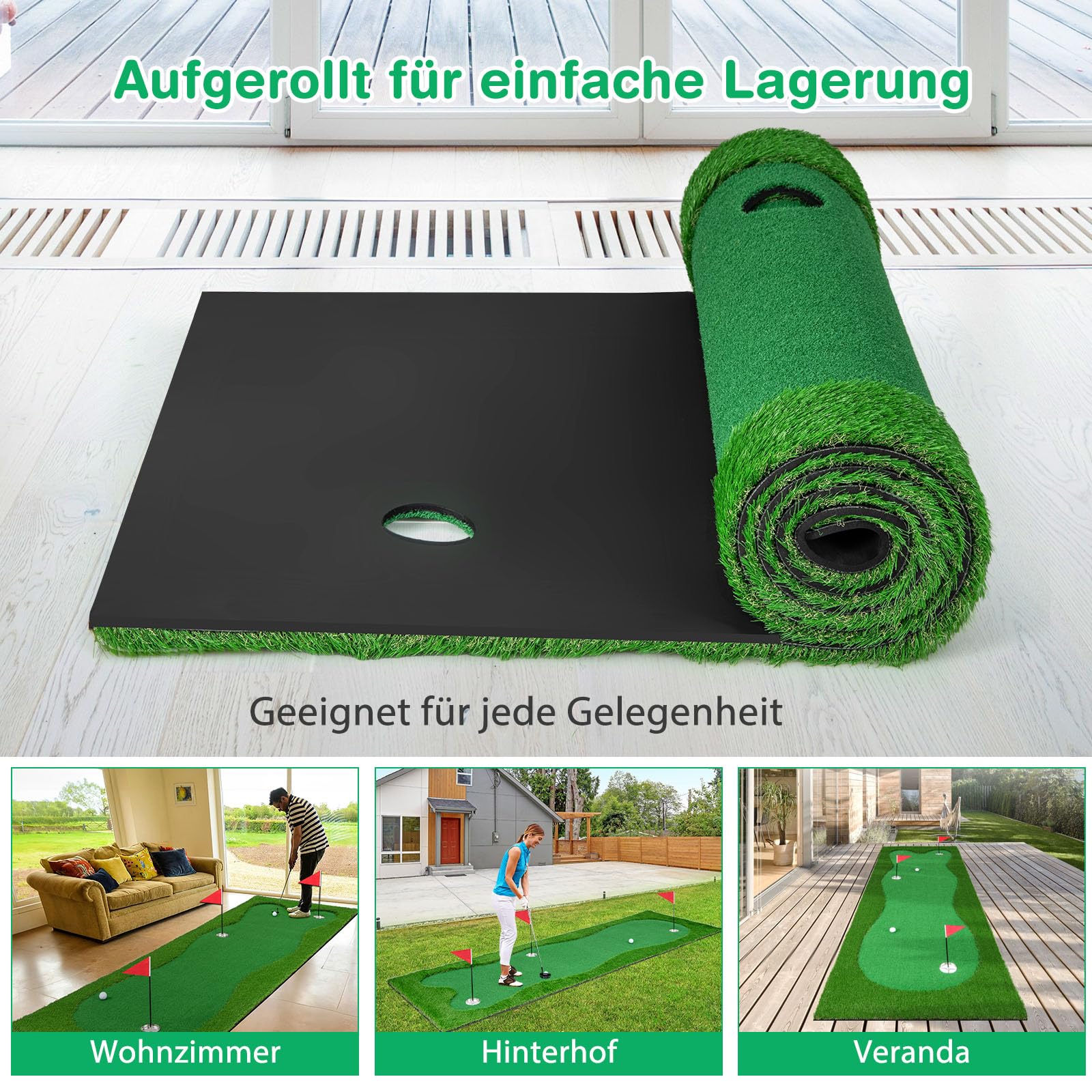 GYMAX Golf Übungsmatte 3 x 1 m, professionelle Golf Trainingsmatte mit 2 Golfbällen, 3 Golfbechern & 3 Löchern, Golfmatte mit 3 Flaggen, Puttingmatte für den Innen- & Außenbereich