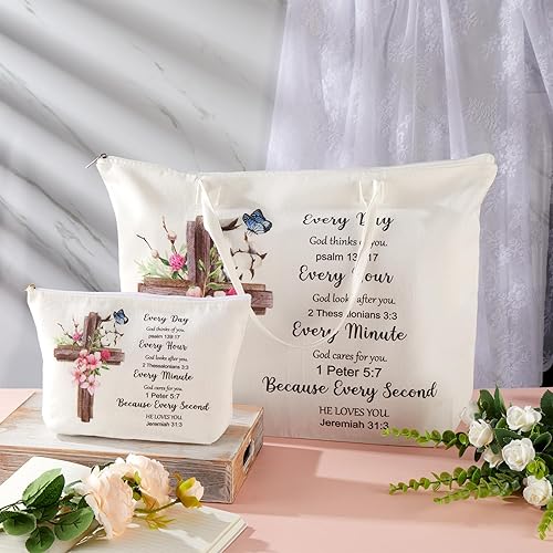 Miniatura 3 de Abbylike Bolsa de lona de girasol de regalo cristiano de 2 piezas con bolsa de maquillaje, versículo de la Biblia, bolsa religiosa para regalo de