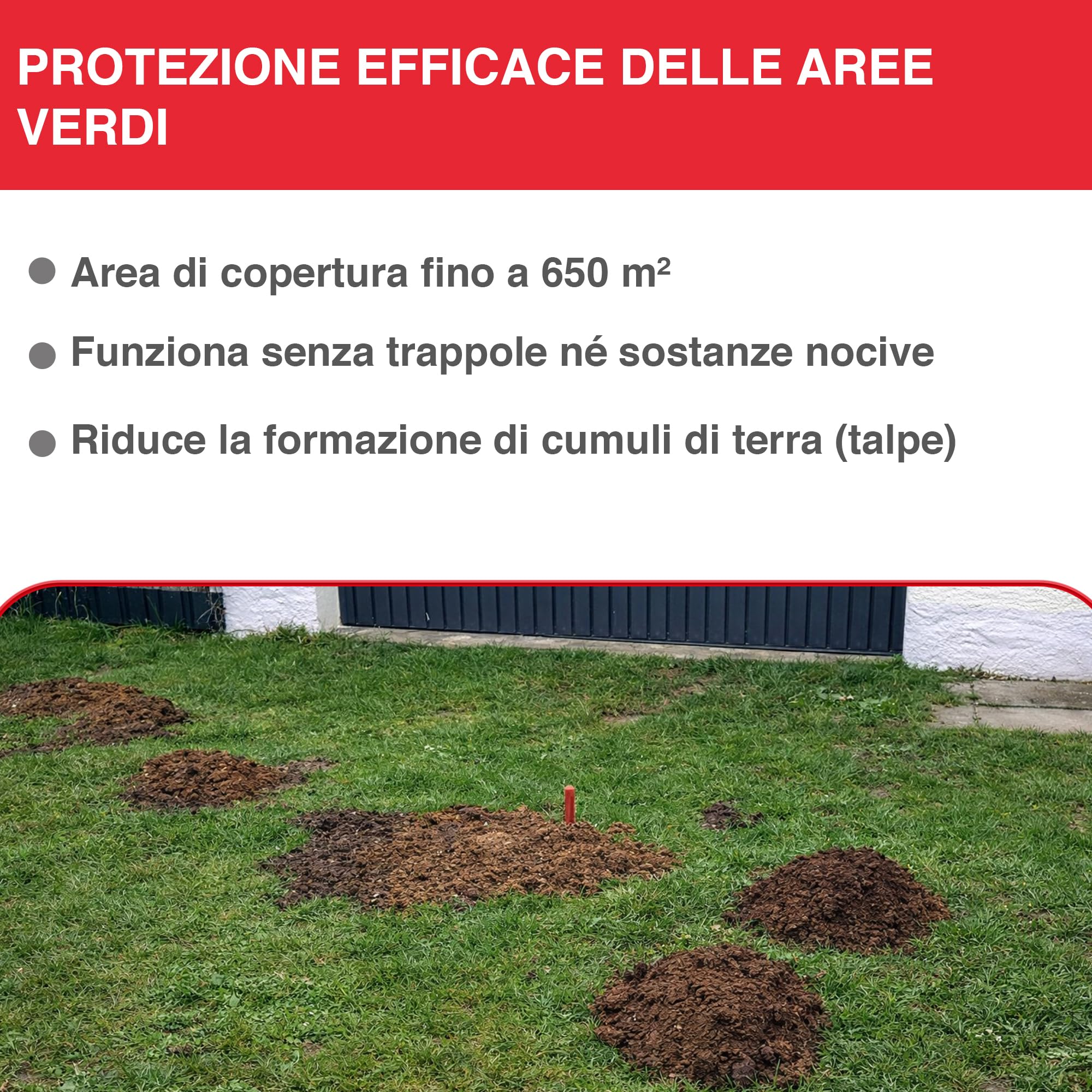 SWISSINNO Dissuasore solare talpe arvicole fino a 650 m² ultrasuoni vibrazioni anti roditori resistente alle intemperie per giardino prato funzionamento continuo giorno notte dispositivo 1 pezzo