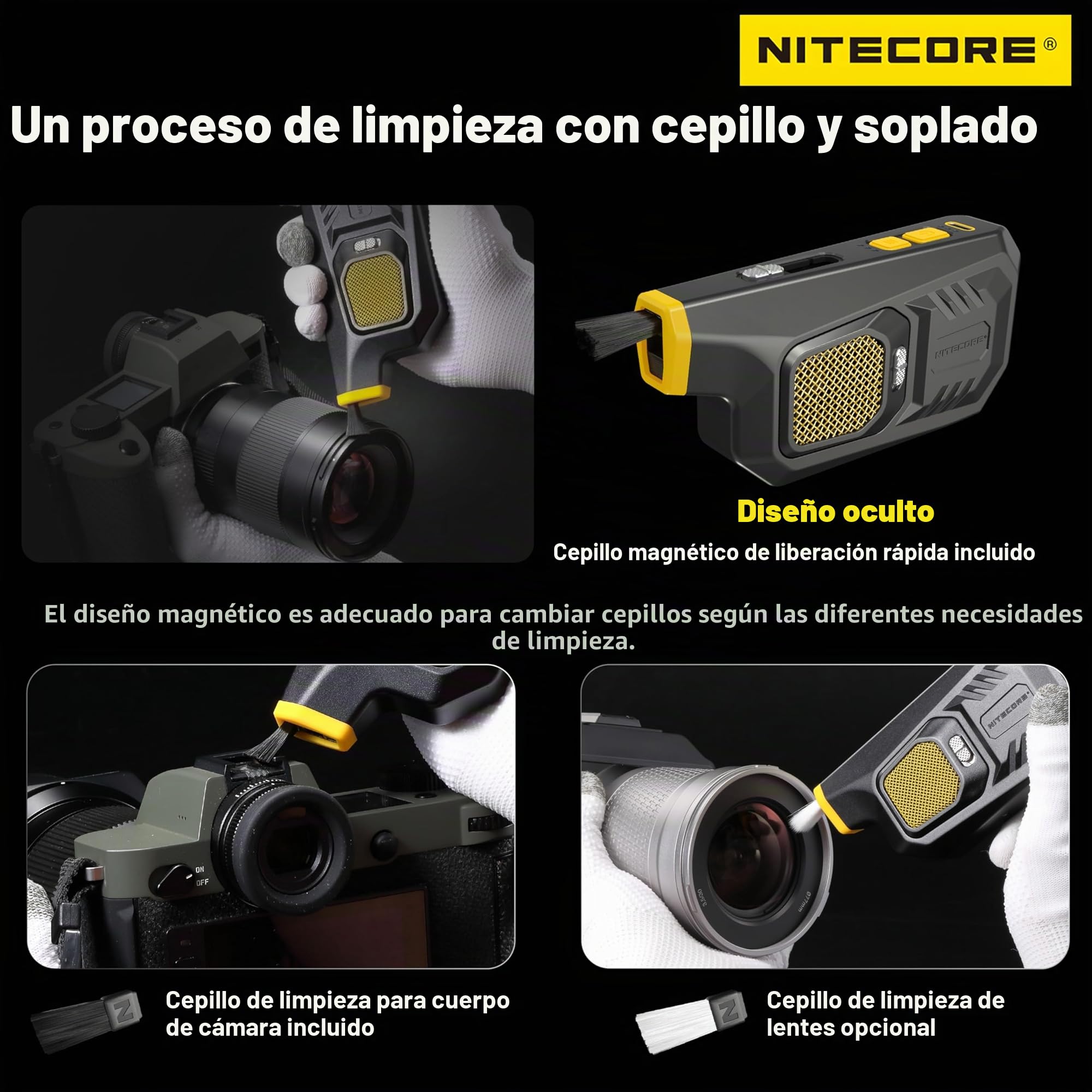 NITECORE BB21 Kit de limpieza de cámara de soplador de aire para fotografía electrónica con kit de limpieza multiusos NIA004, cepillo de limpieza de lentes, guantes antideslizantes de limpieza de